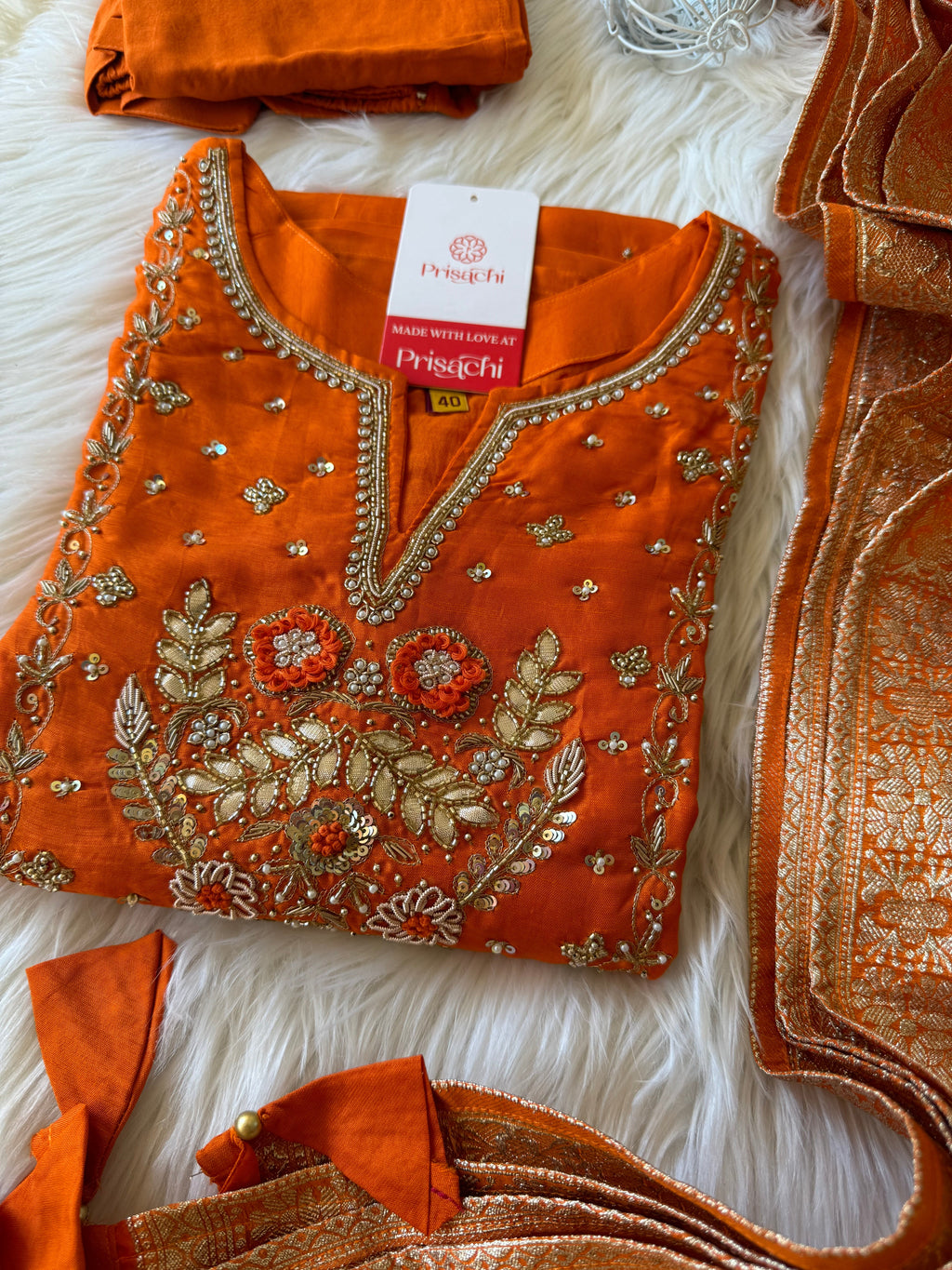 Orange Embroidered Kurta bottom With Dupatta
