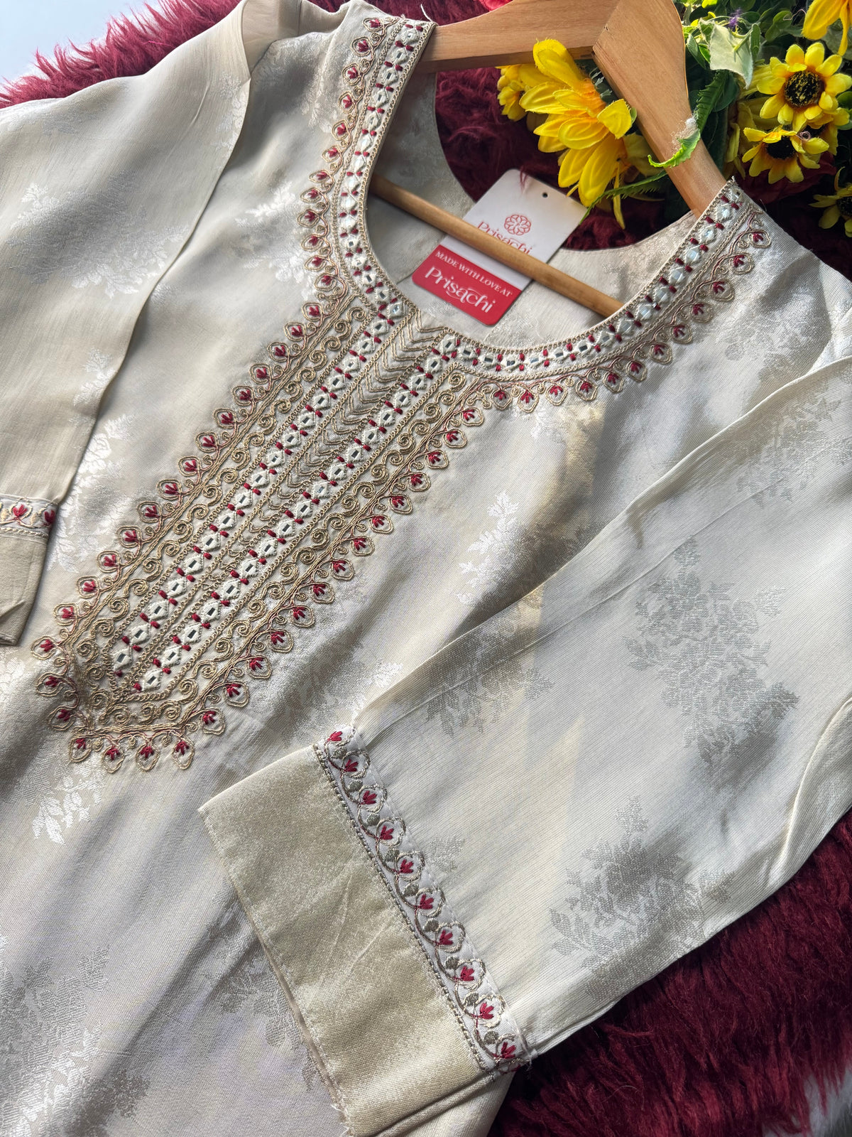 Off White Designer Embroidered Kurta set with dupatta and Pant