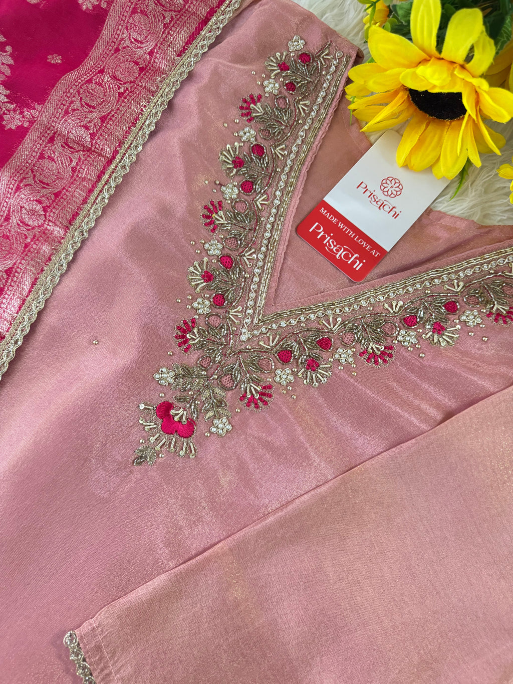 Pink embroidered kurta set with dupatta