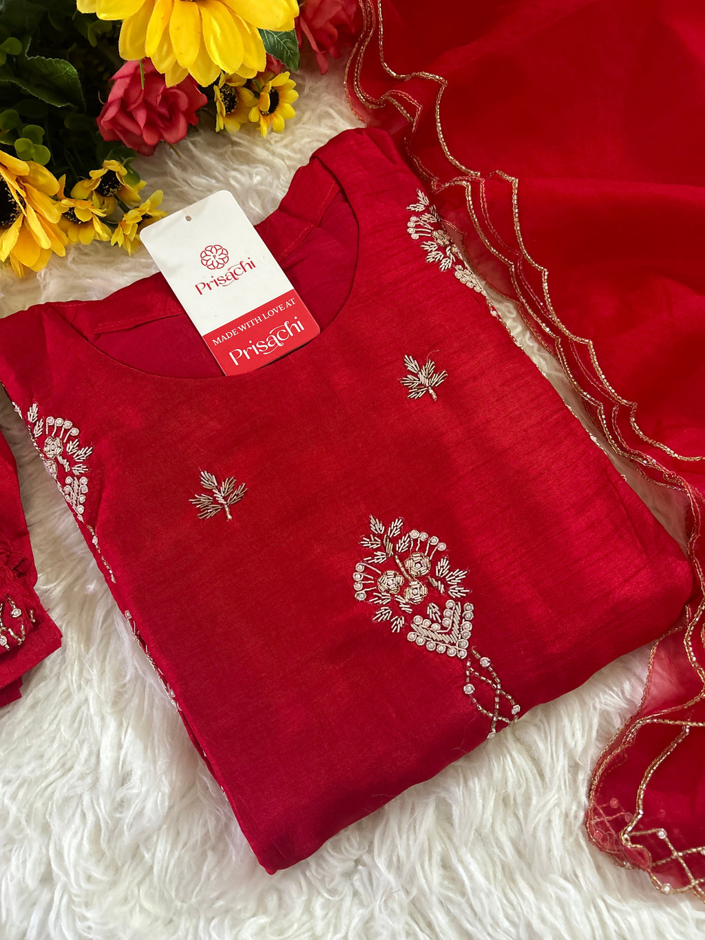 Red Designer Embroidered kurta set with dupatta