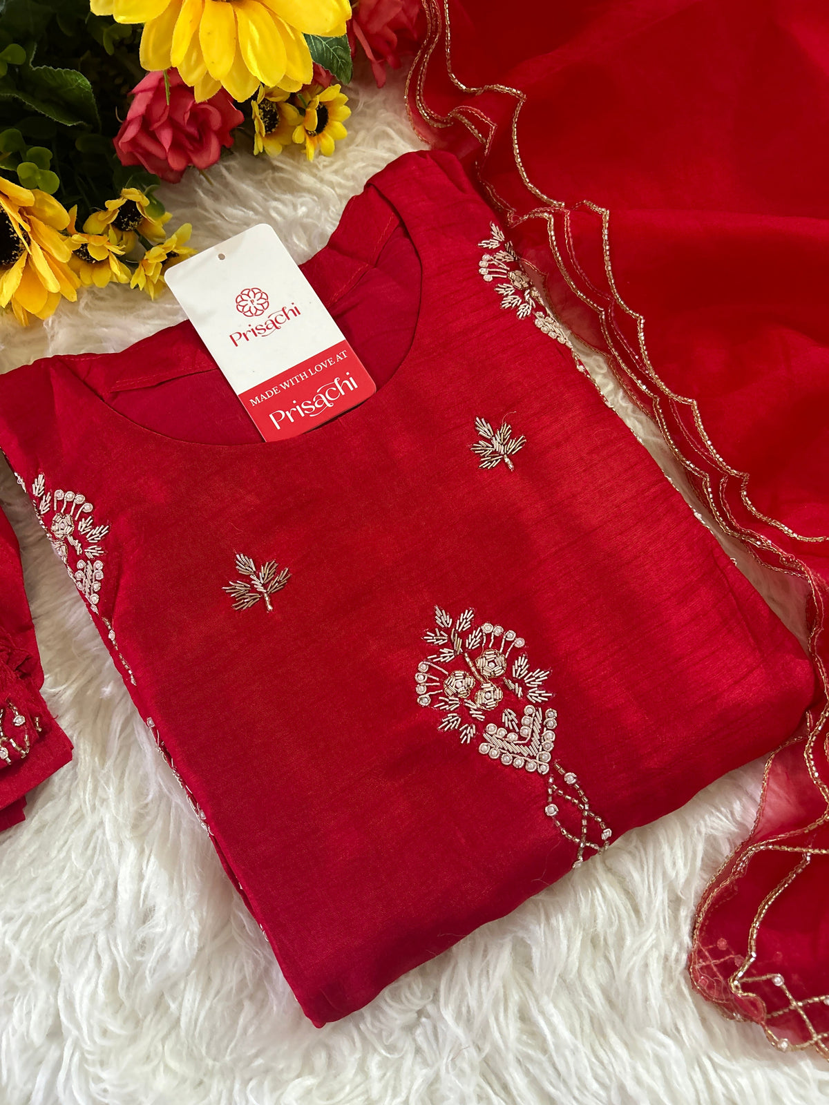 Red Designer Embroidered kurta set with dupatta
