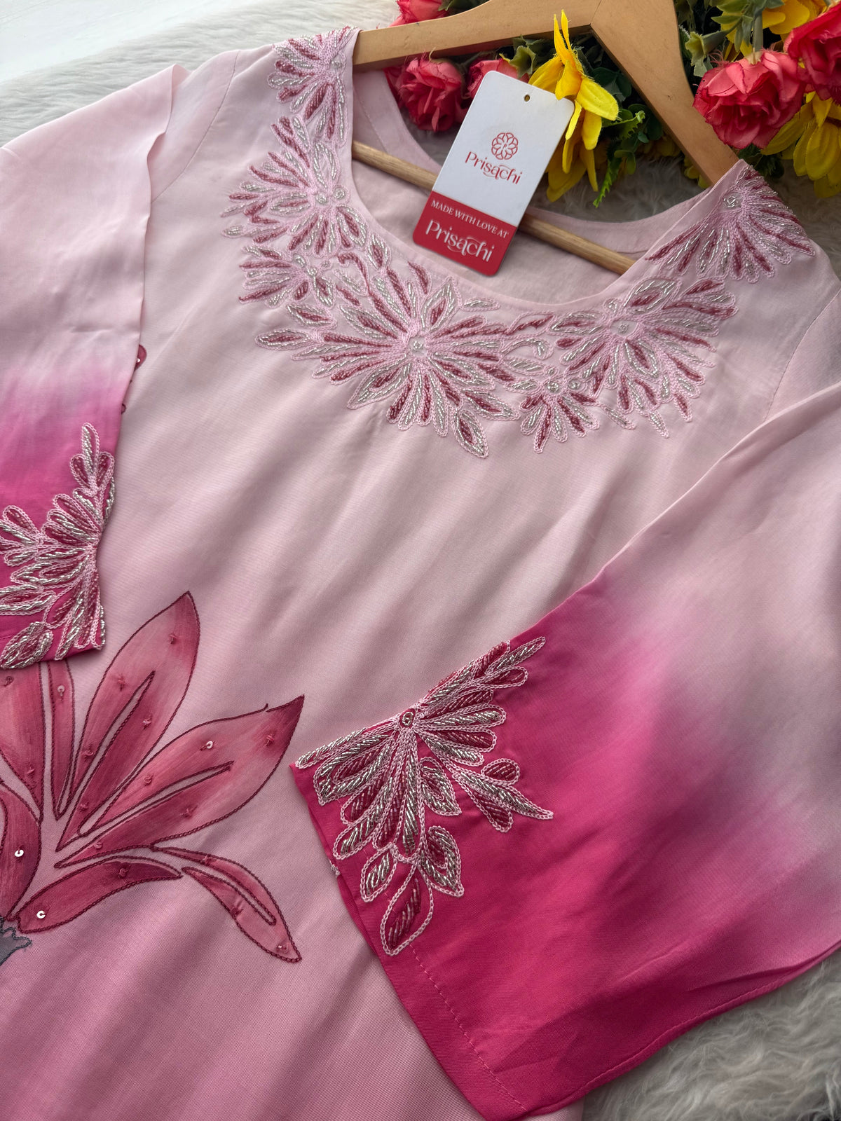 Baby Pink floral embroidered kurta set with dupatta and pant