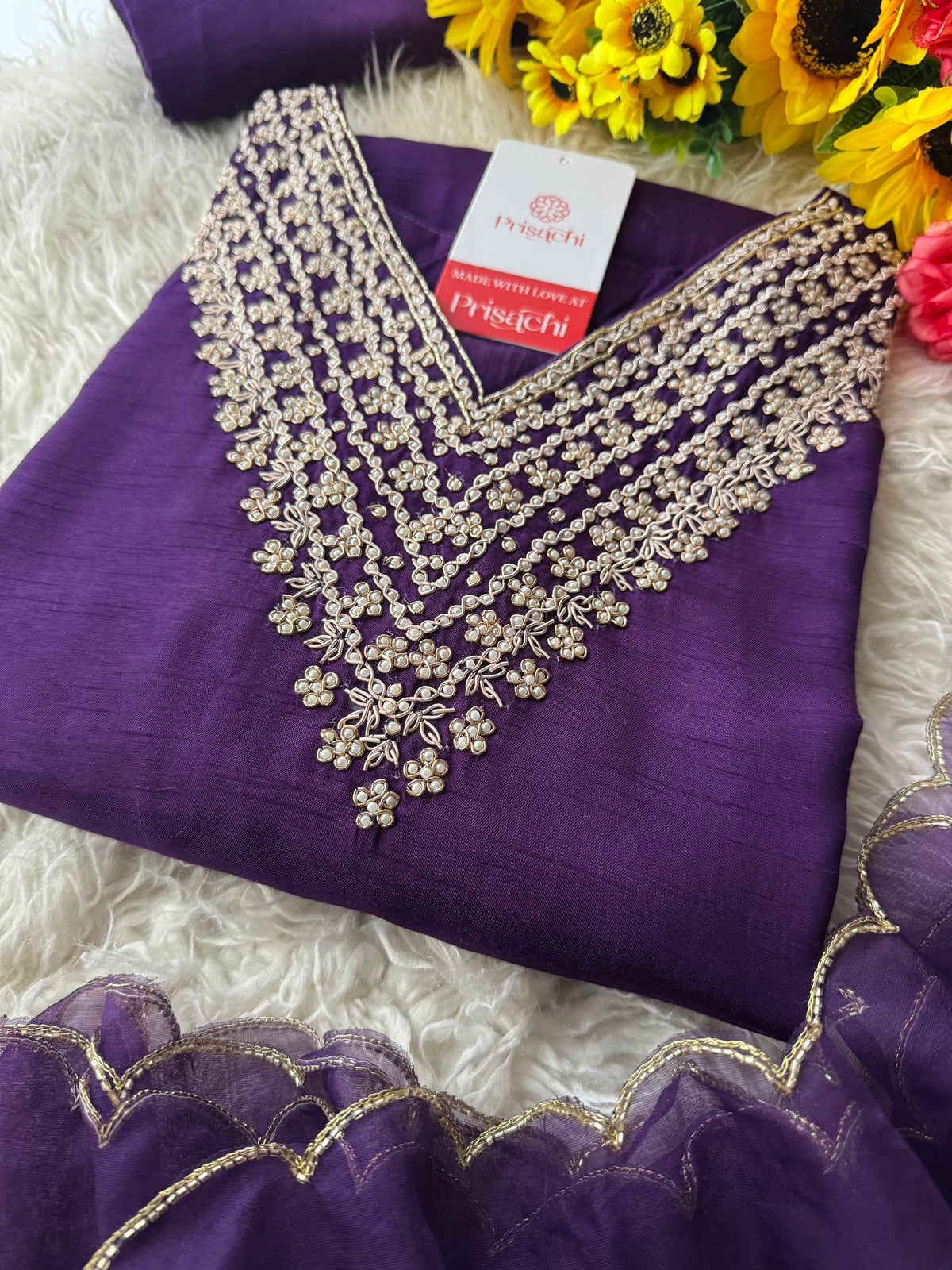 Purple neck embroidered kurta set with dupatta