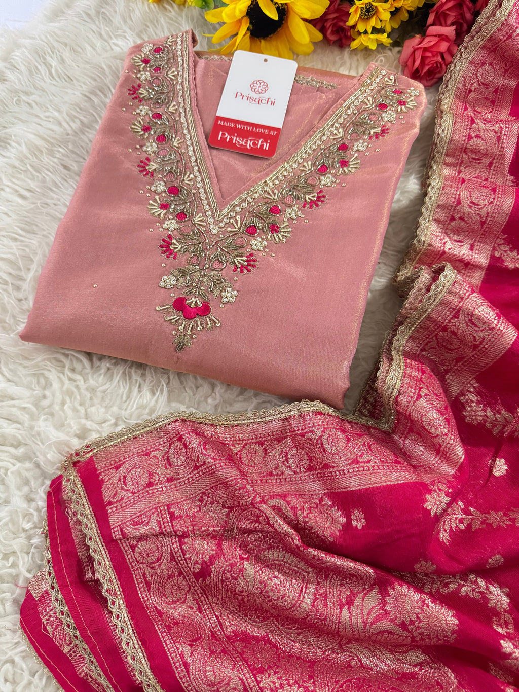 Pink embroidered kurta set with dupatta