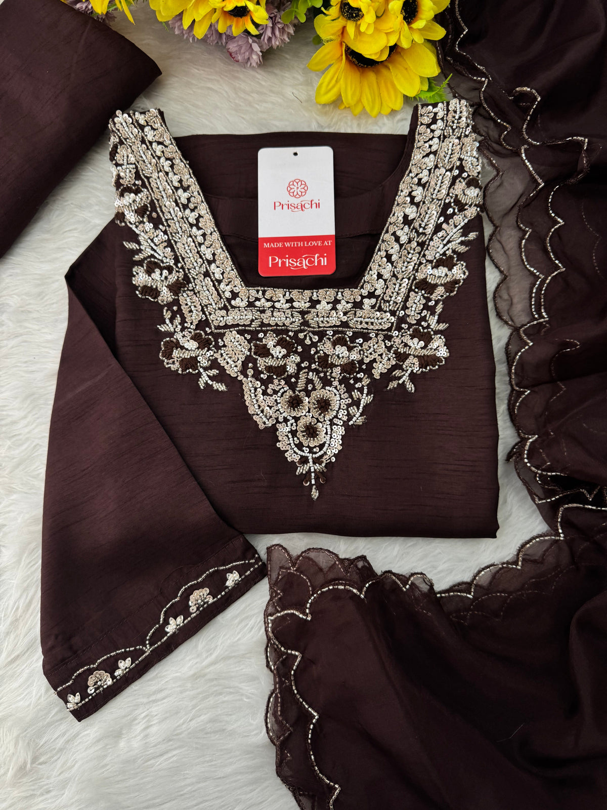 Brown hand embroidered kurta pant with dupatta