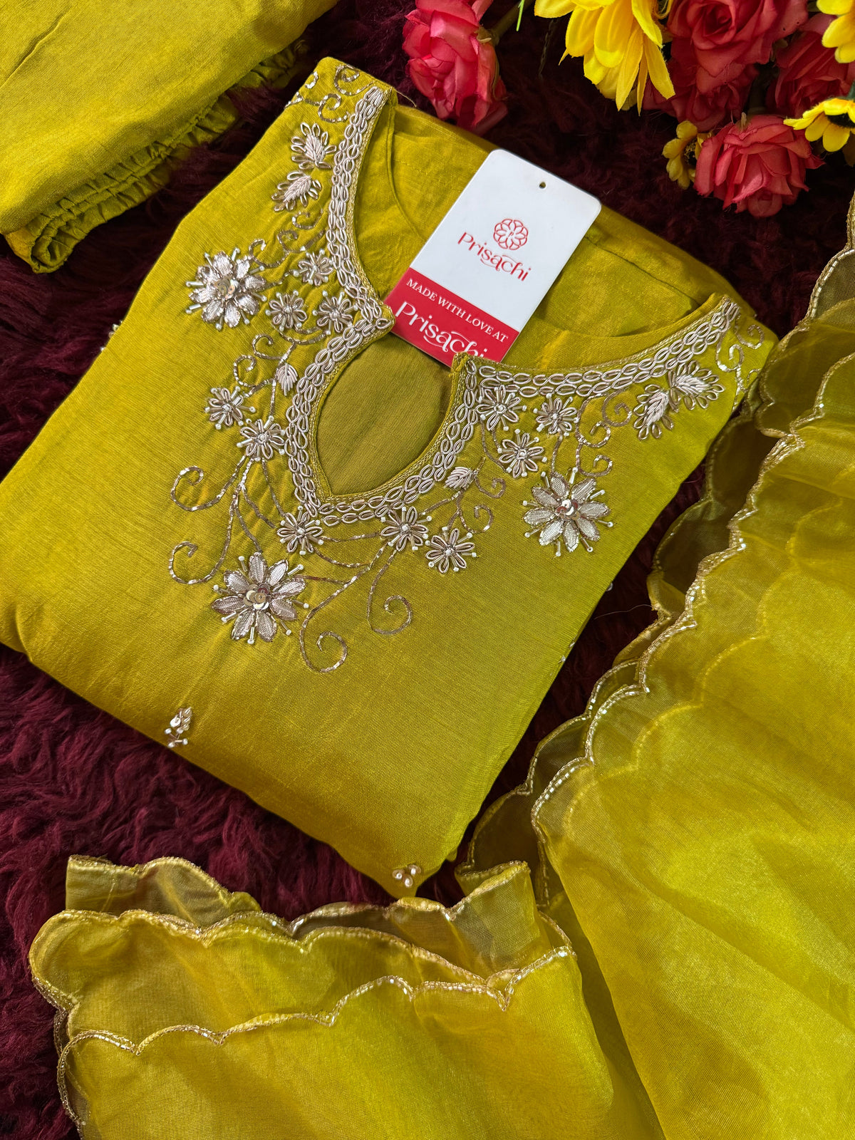Mustard Yellow Embroidered kurta pant  with dupatta