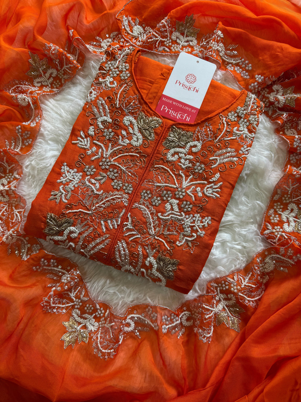 Orange Designer Embroidery Kurti pant with embroidered Work duptta