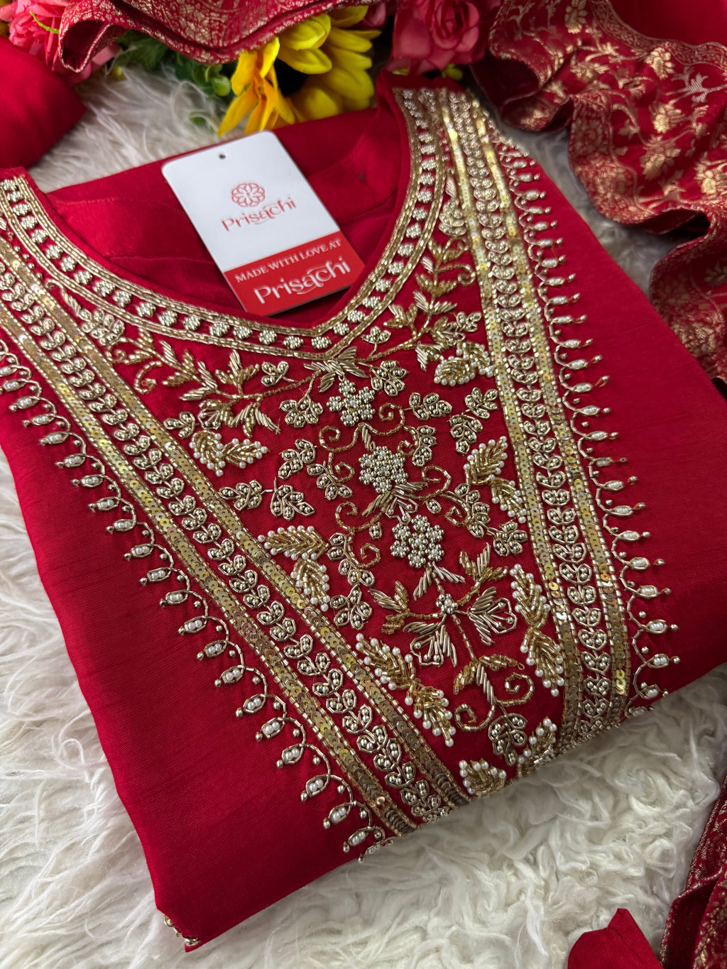 Red Embroidered kurta Pant  with dupatta