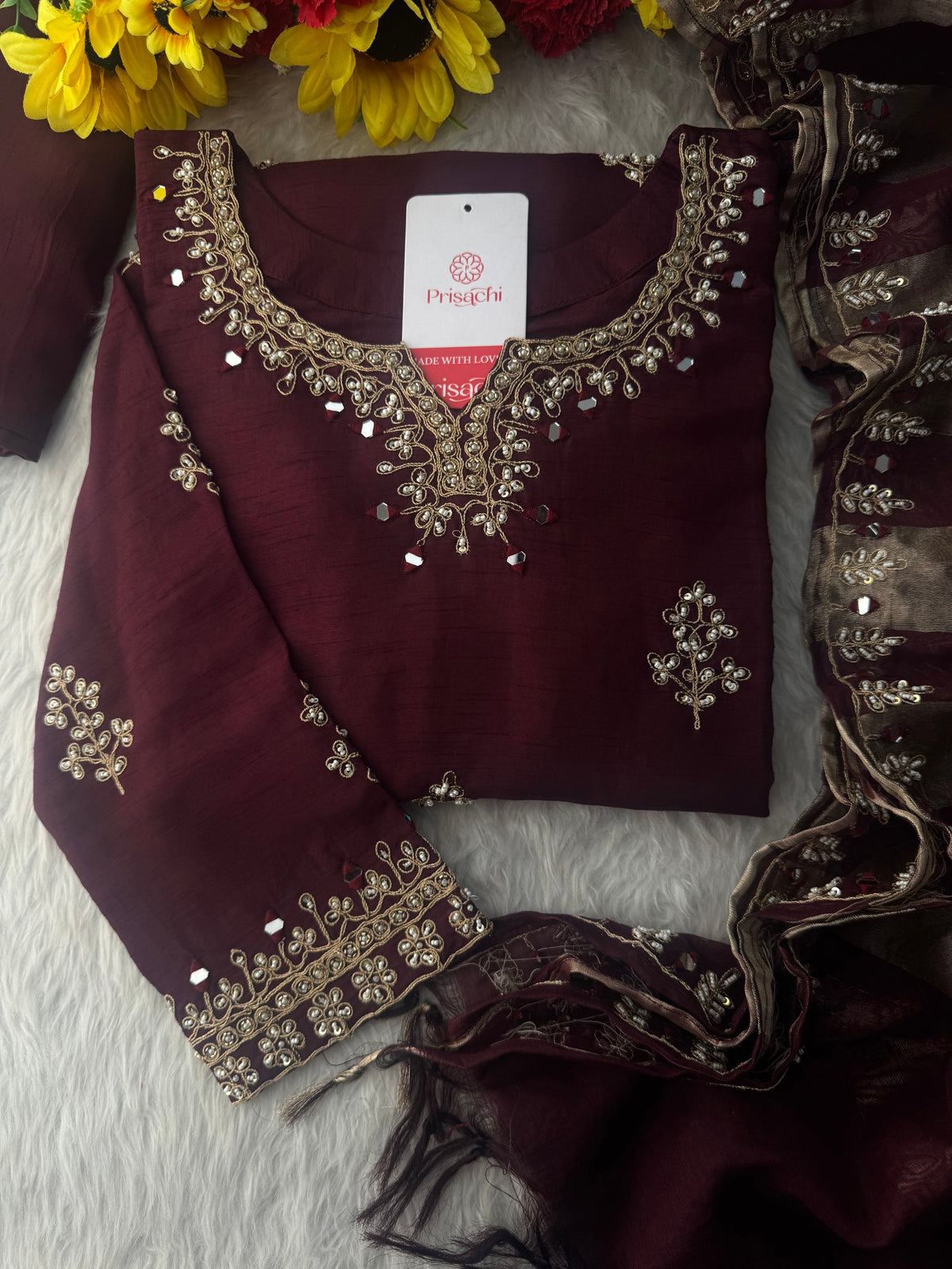 Brown hand embroidered kurta pant with dupatta