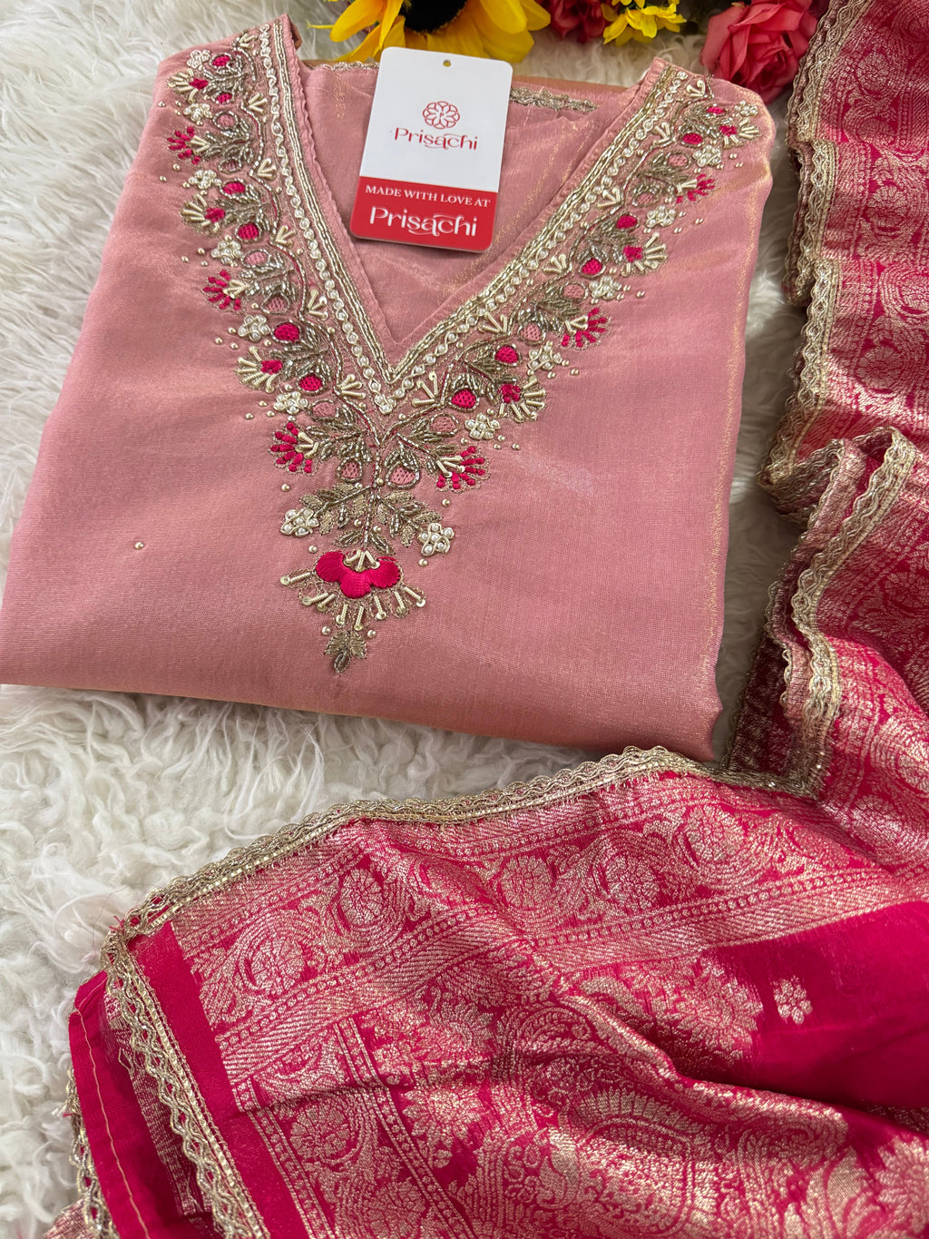 Pink embroidered kurta set with dupatta