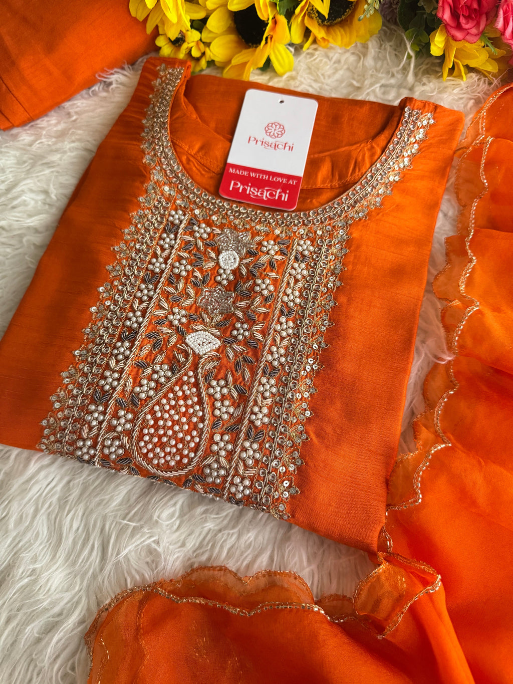 Orange  Designer embroidered kurta set with dupatta
