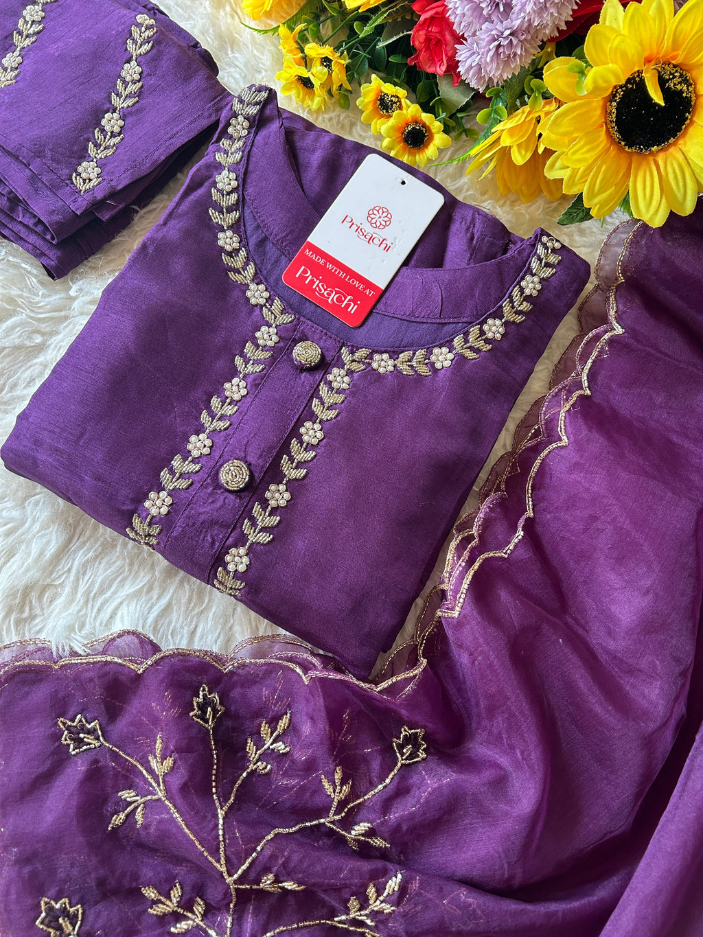 Purple embroidered kurta set with dupatta