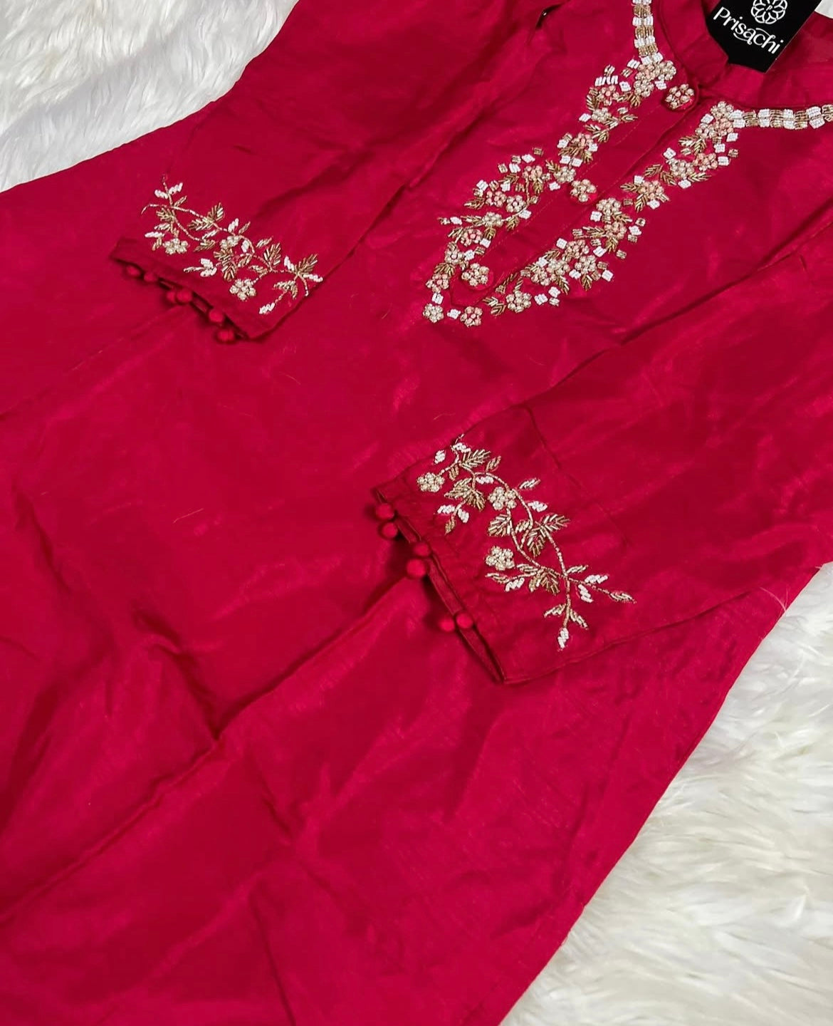Red embroidered kurta set with dupatta