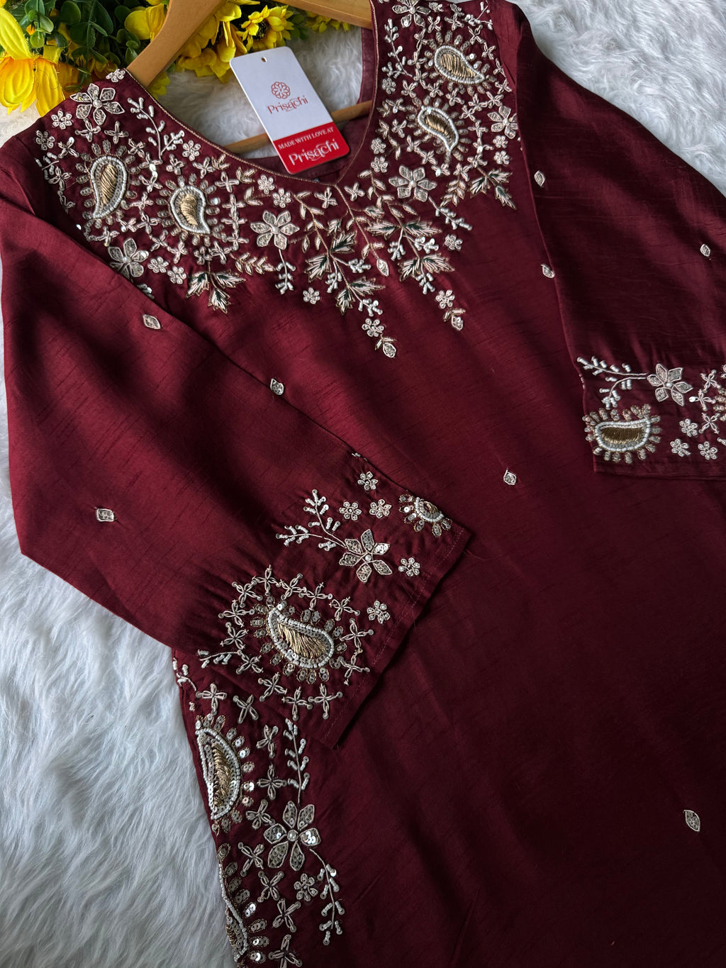Brown hand embroidered kurta pant with dupatta with Pockets