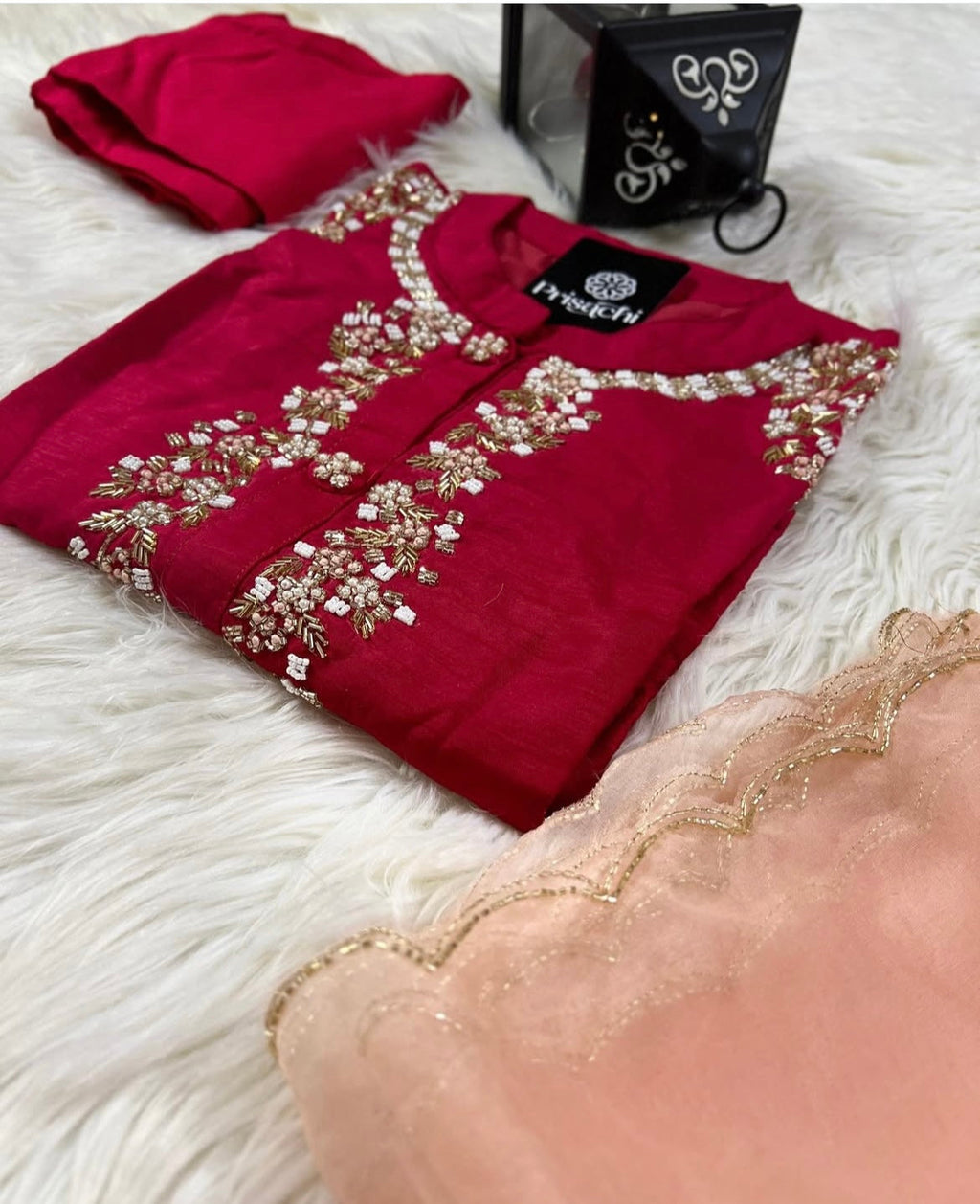 Red embroidered kurta set with dupatta