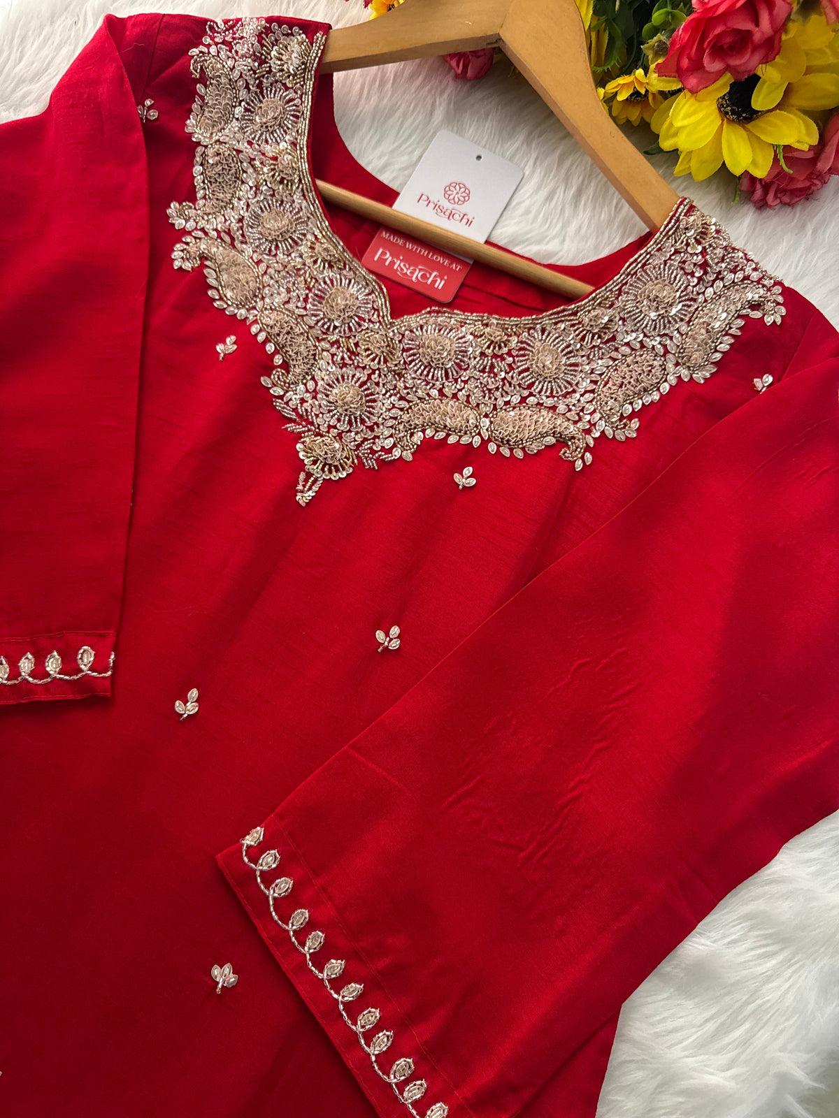 Red Embroidered kurta Pant with dupatta