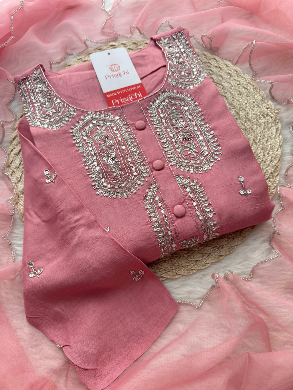 Pink embroidered kurta set with dupatta