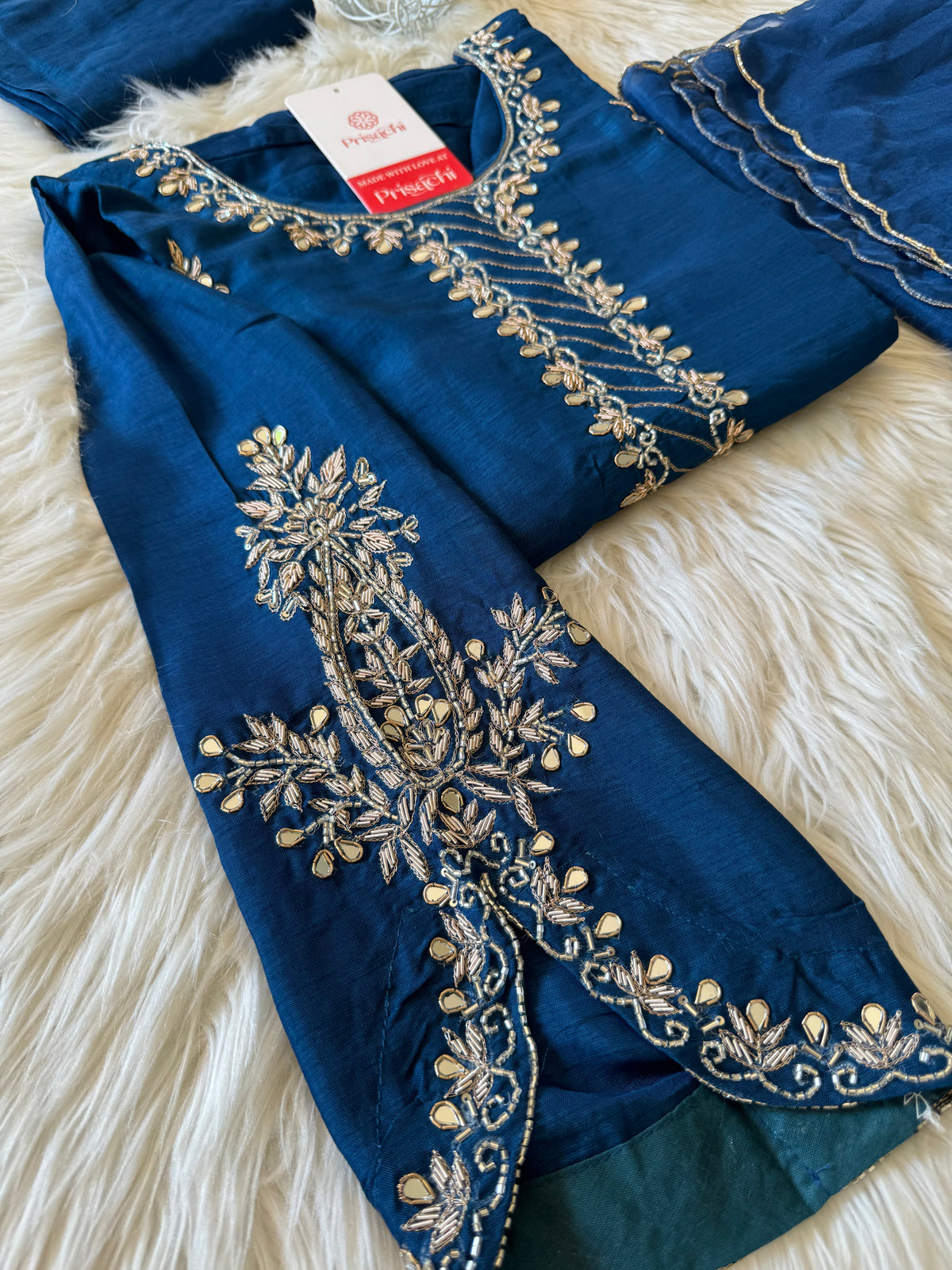 Women’s Mirror Work & Zardozi Embroidered Kurta Set with Dupatta & Pants
