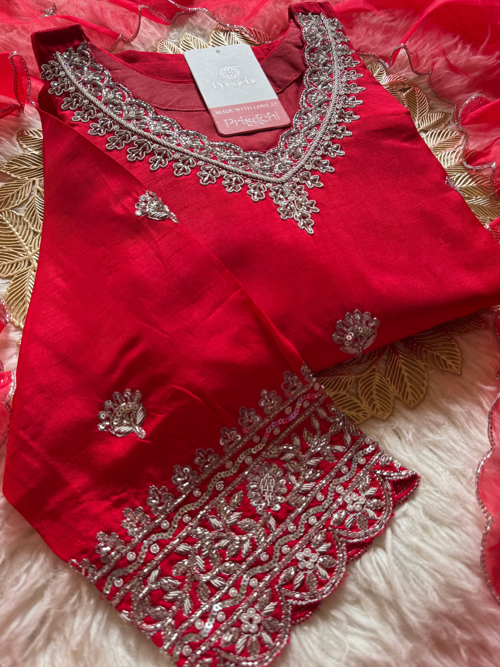 Red embroidered kurta Pant  with dupatta