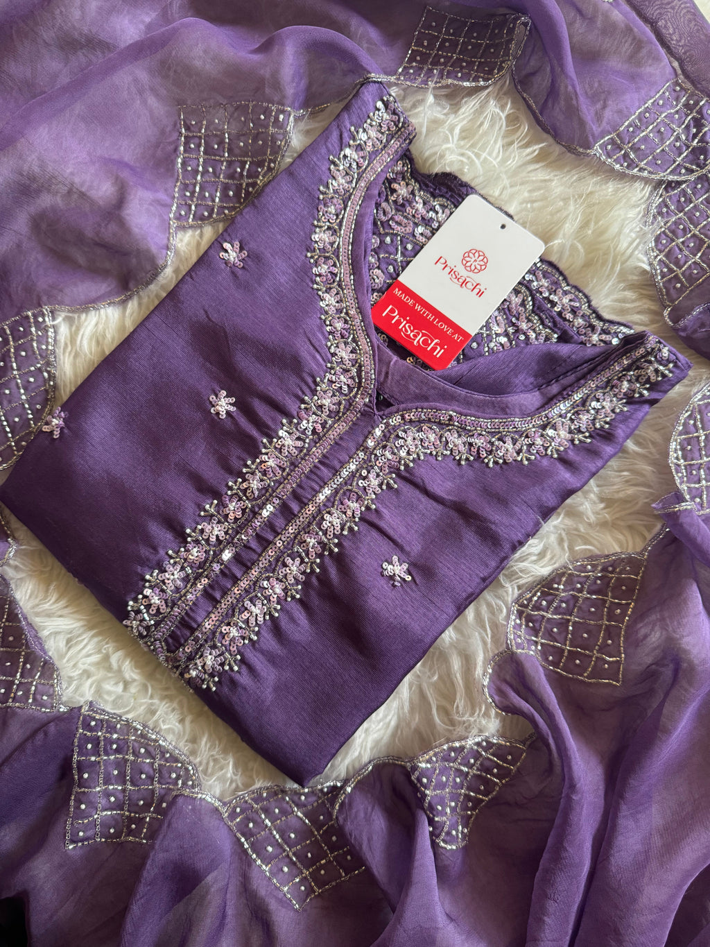 Purple neck embroidered kurta set with dupatta
