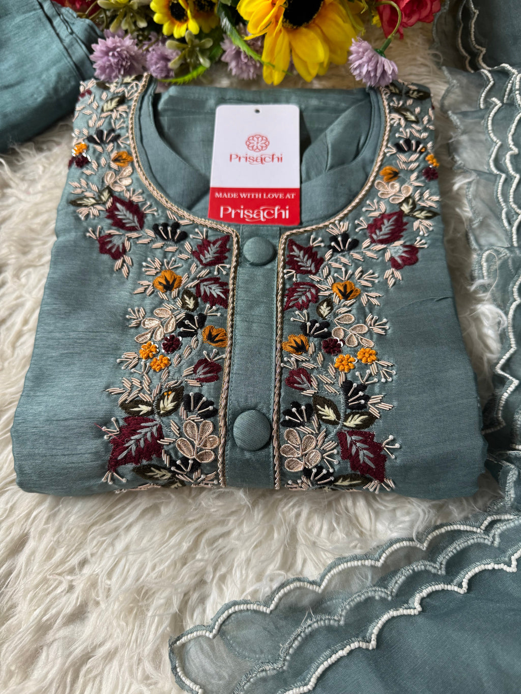 Sky blue Handwork kurta Pant  with dupatta