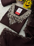Brown hand embroidered kurta pant with dupatta