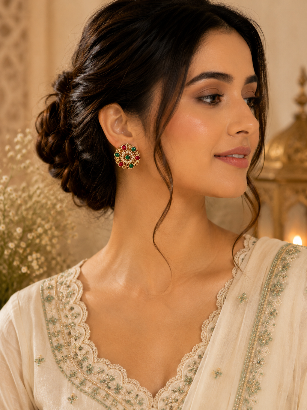 Ethnic Gold-Plated Red & Green Kundan Stud Earrings