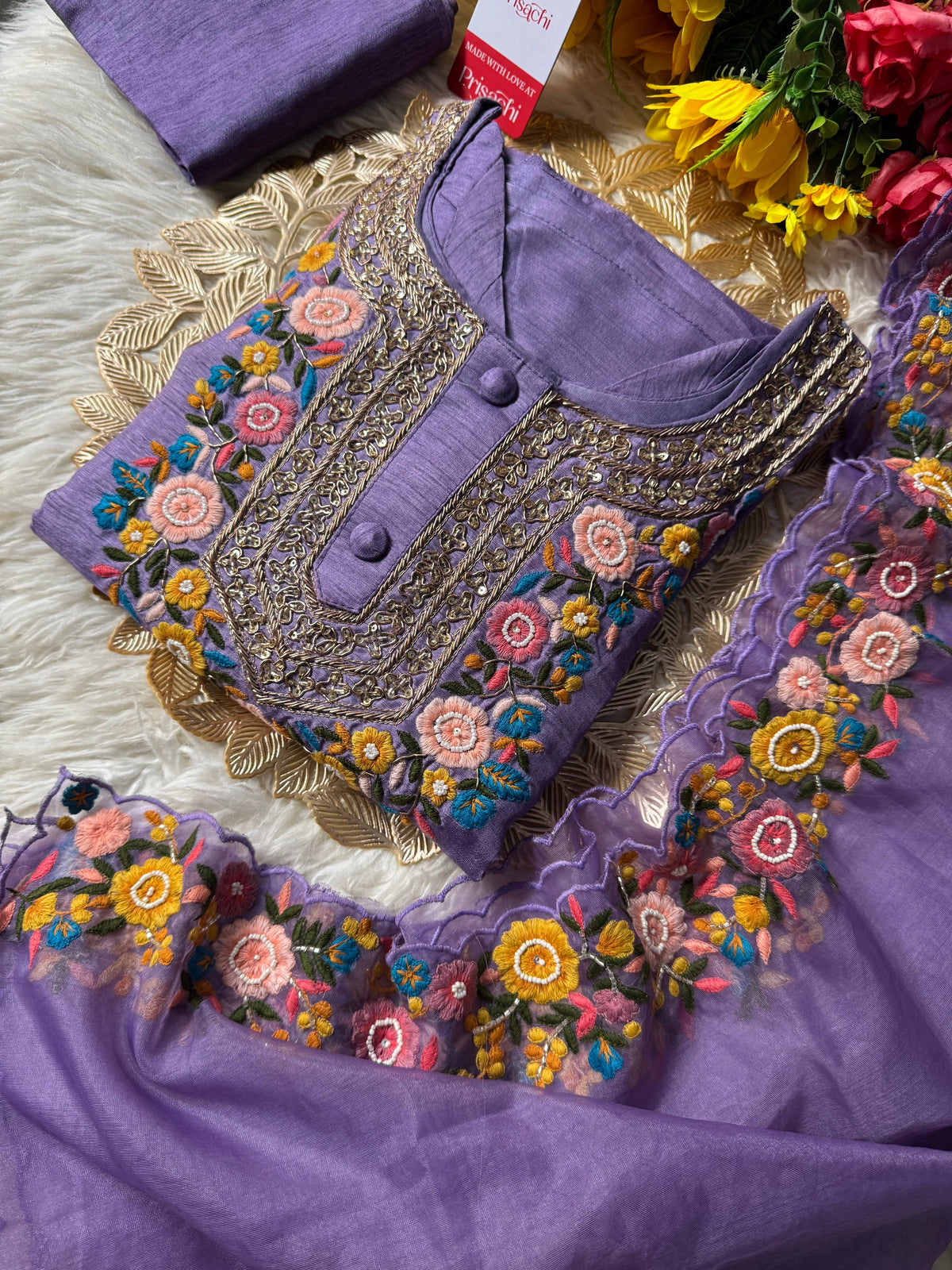 Purple Embroidered Kurta bottom With Dupatta
