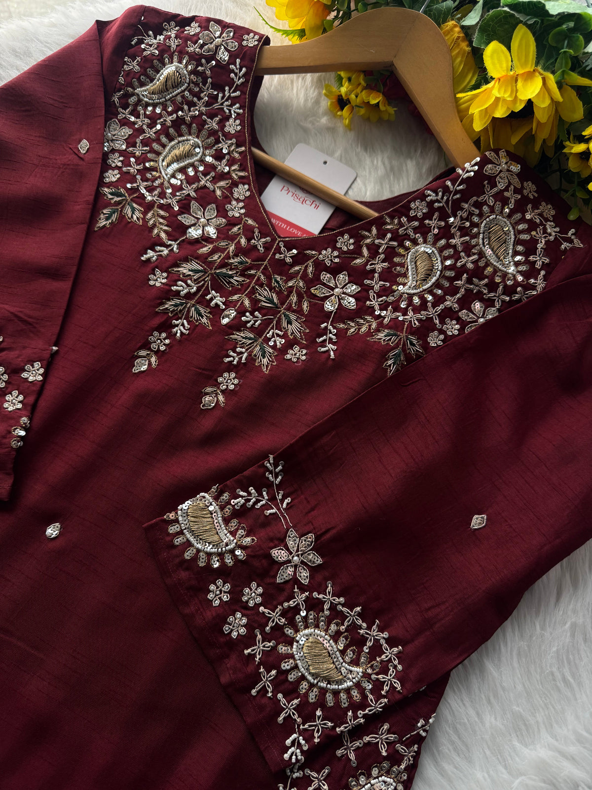 Brown hand embroidered kurta pant with dupatta with Pockets