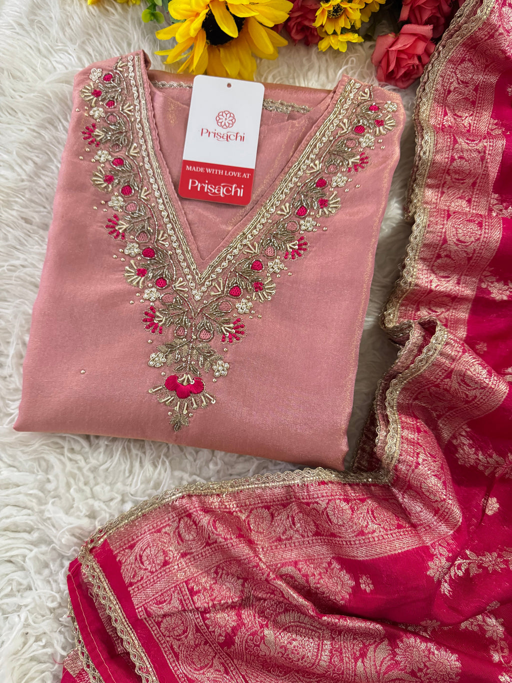 Pink embroidered kurta set with dupatta