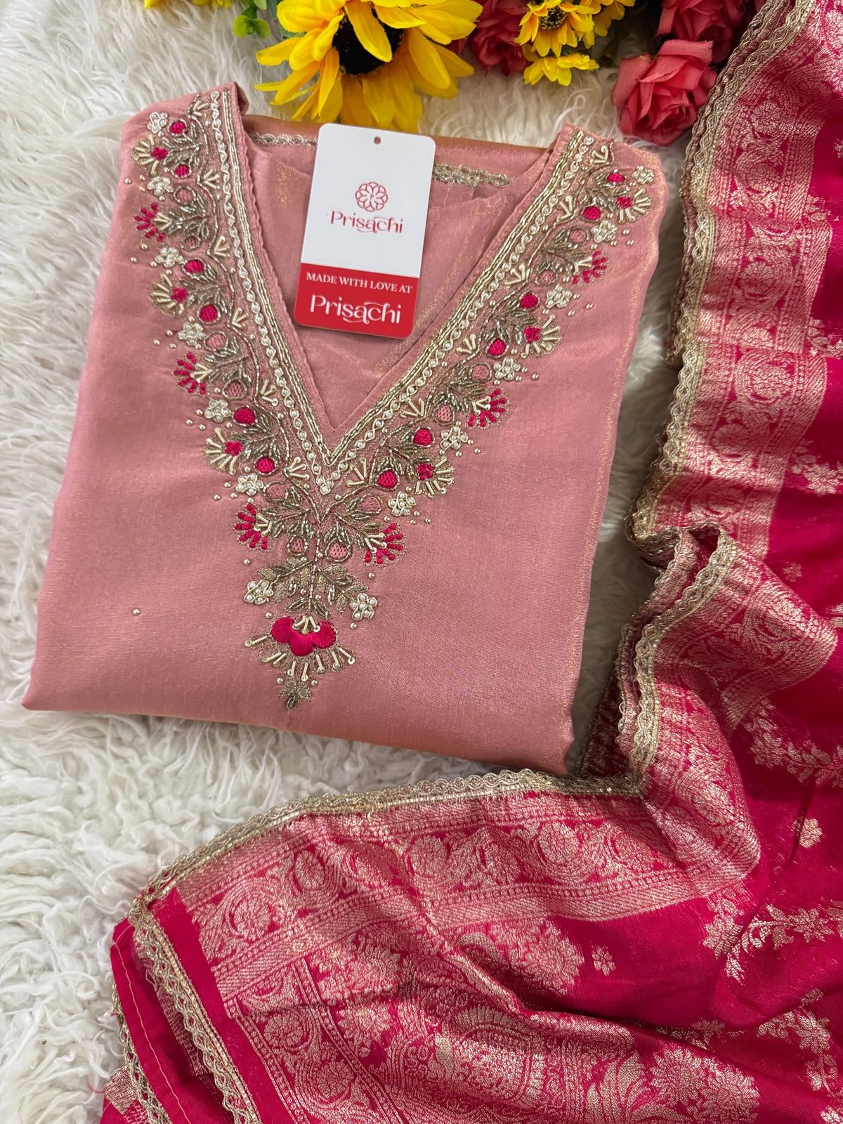 Pink embroidered kurta set with dupatta