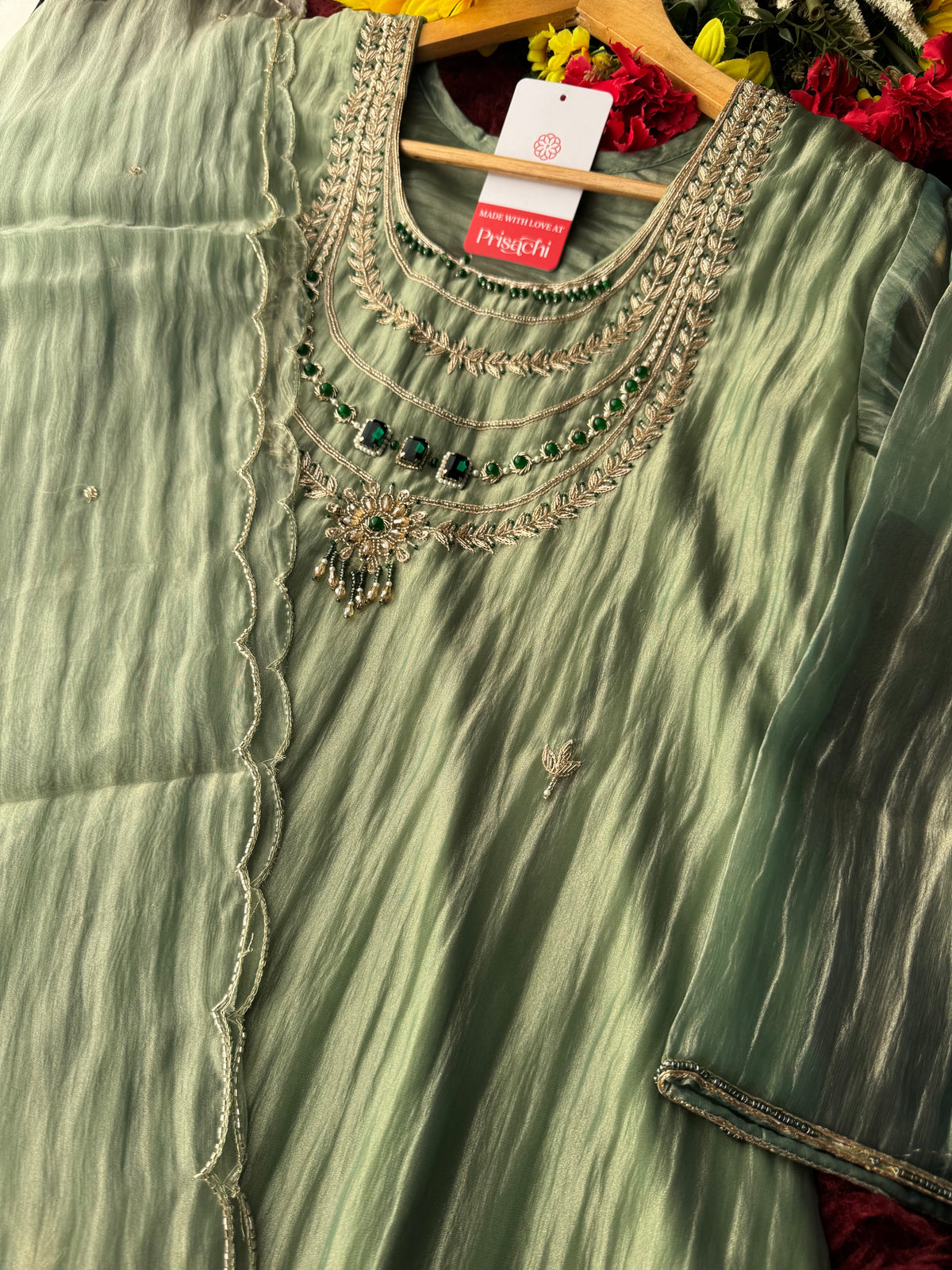 Green Zardozi Embroidered Ethnic A-Line Kurta Set for Women with Pants & Dupatta