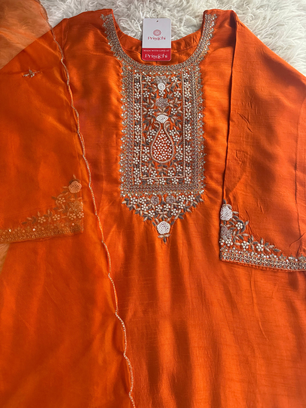 Orange  Designer embroidered kurta set with dupatta