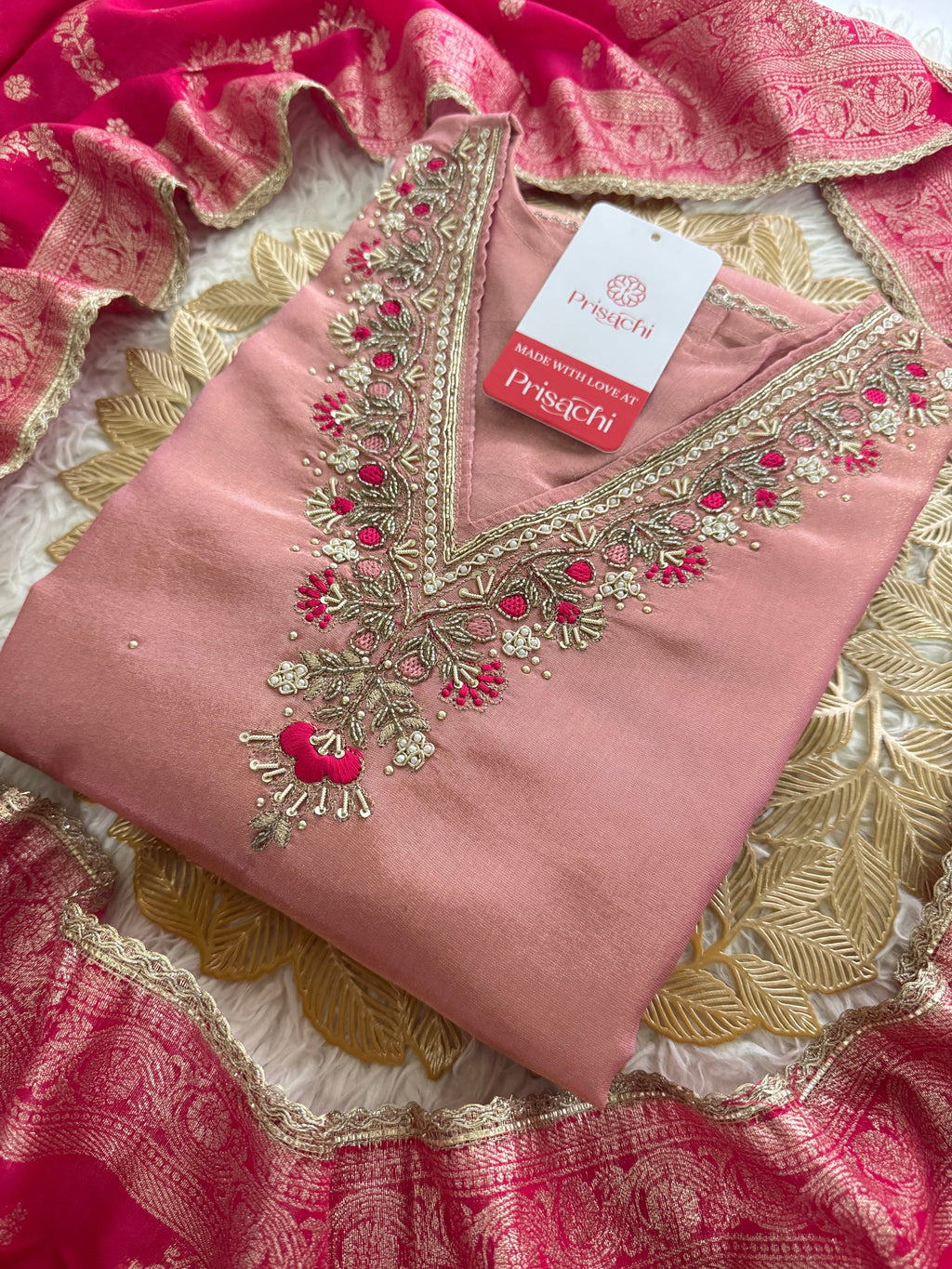Pink embroidered kurta set with dupatta