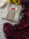 Off White Designer Embroidered Kurta set with dupatta and Pant