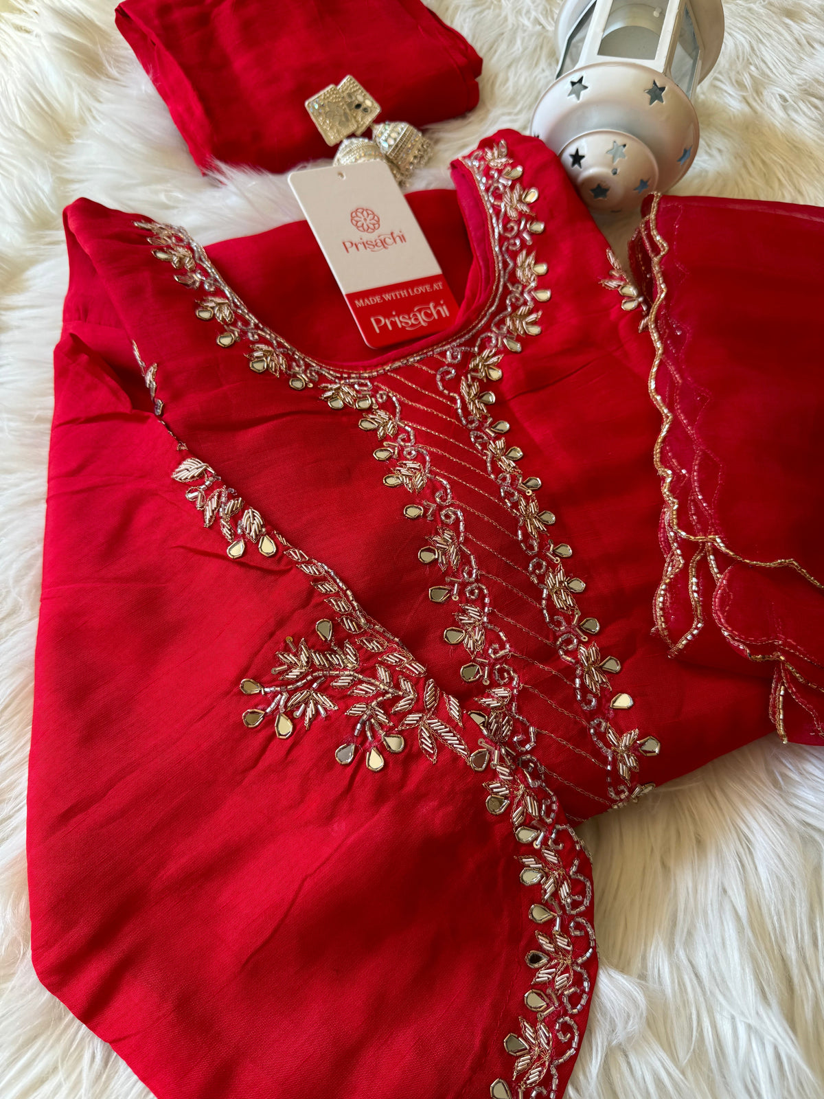 Women’s Mirror Work & Zardozi Embroidered Kurta Set with Dupatta & Pants