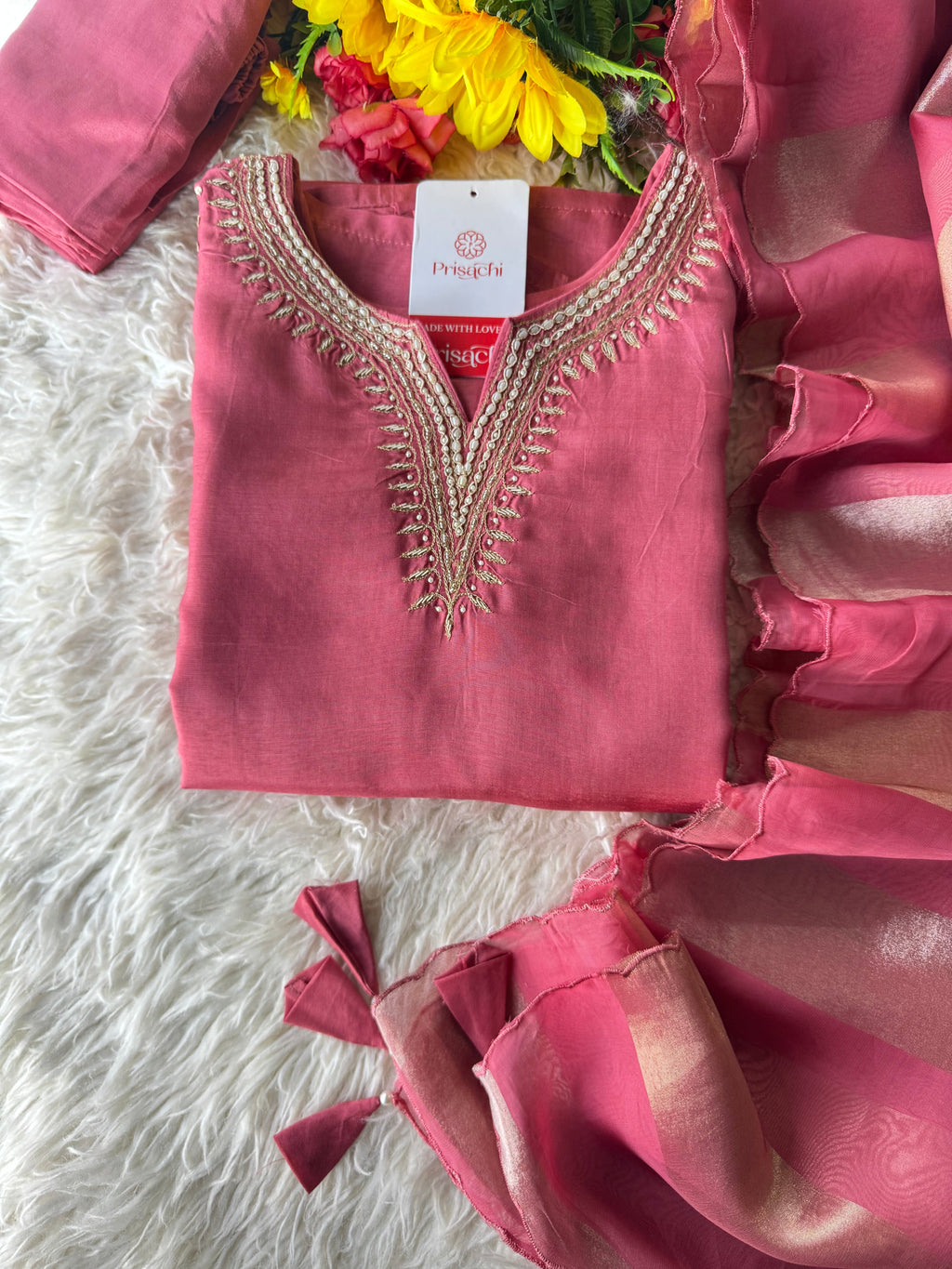 Prisachi Pink Embroidered kurta set with dupatta