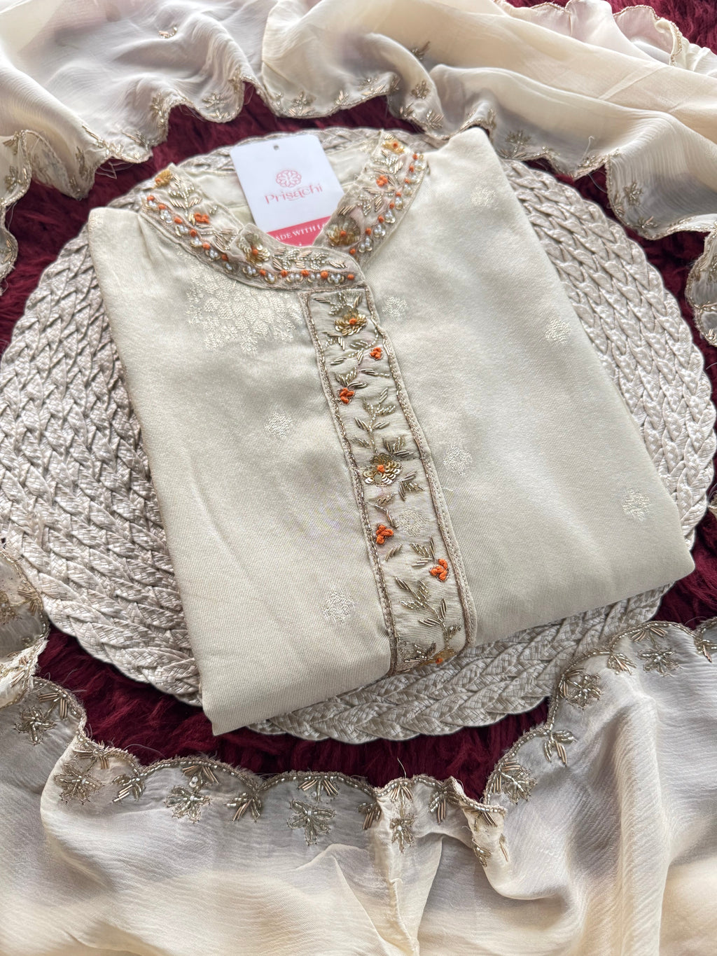 Off White Designer Embroidered Kurta set with dupatta with Pant