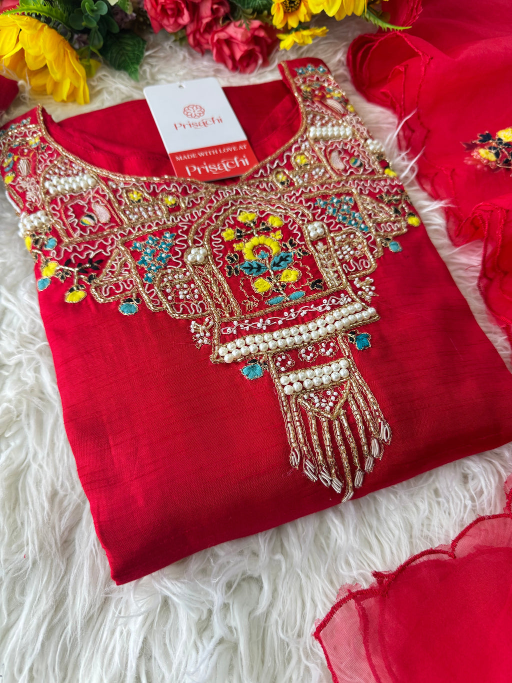 Red embroidered kurta set with dupatta