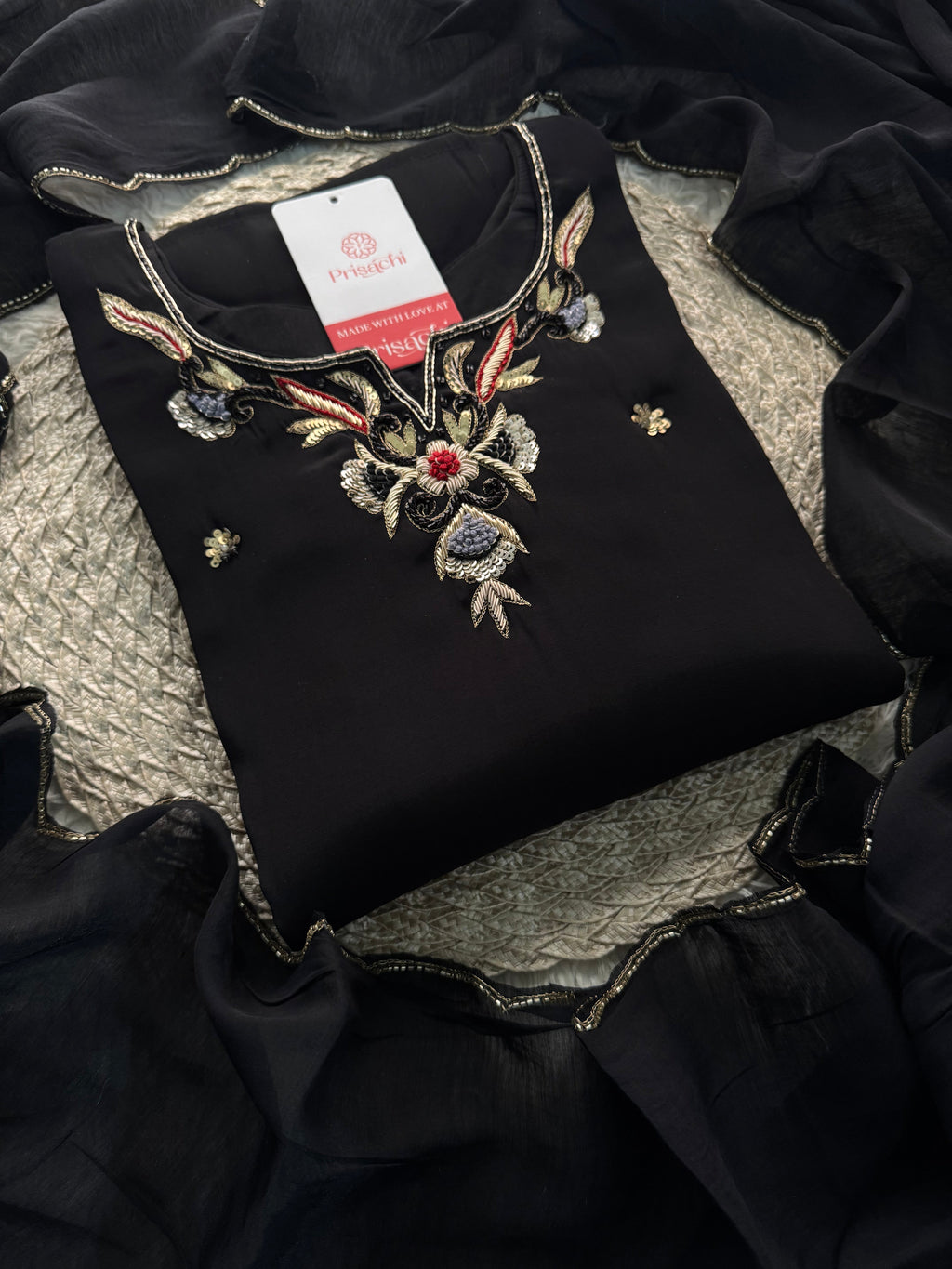 Prisachi Black Embroidered kurta bottom with dupatta
