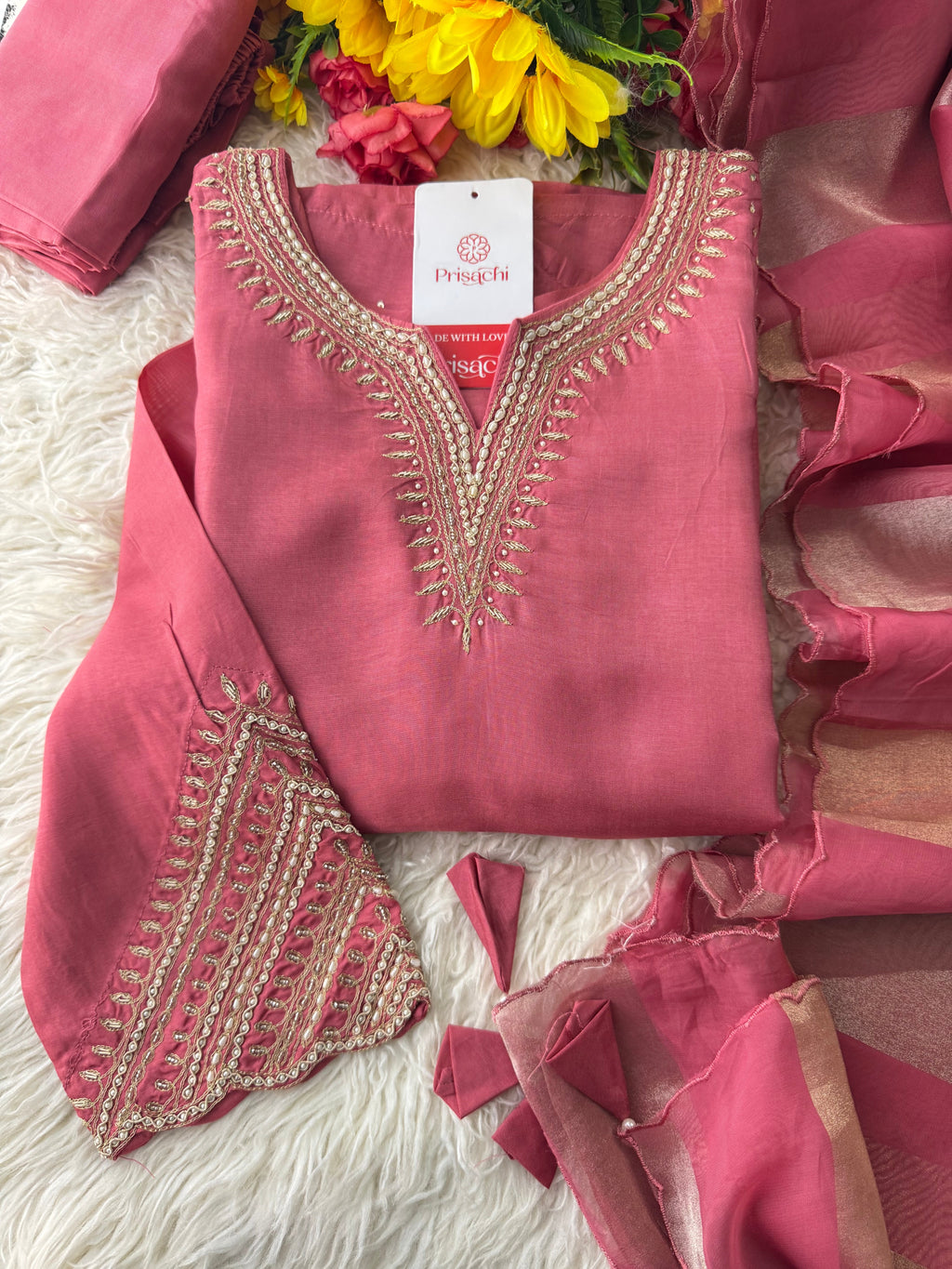 Prisachi Pink Embroidered kurta set with dupatta