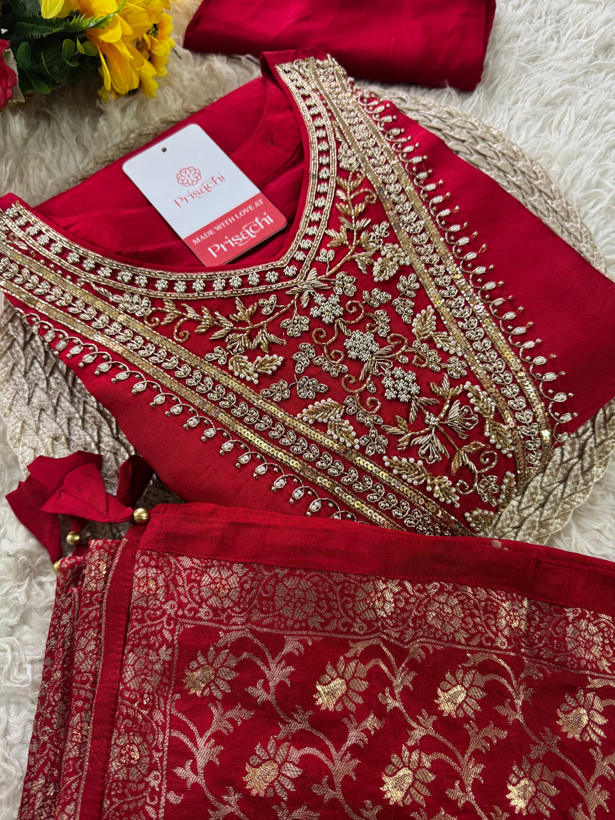 Red Embroidered kurta Pant  with dupatta
