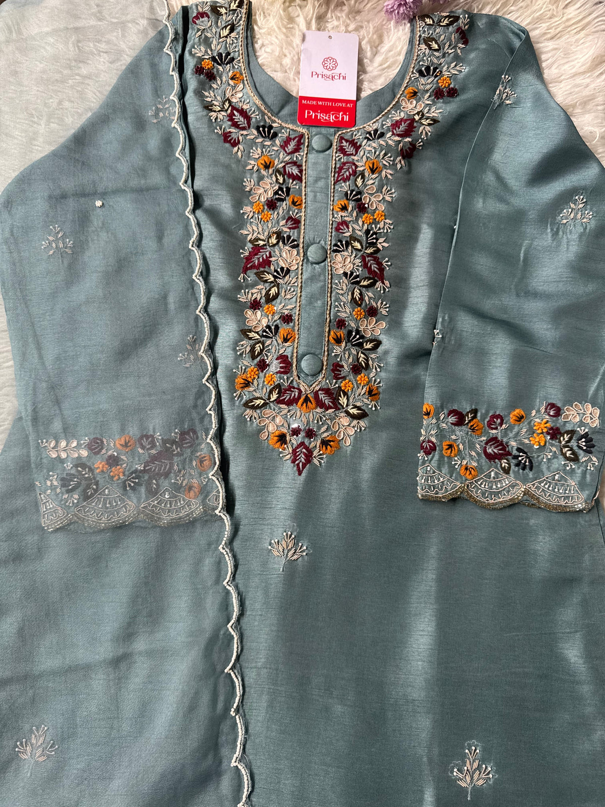 Sky blue Handwork kurta Pant  with dupatta