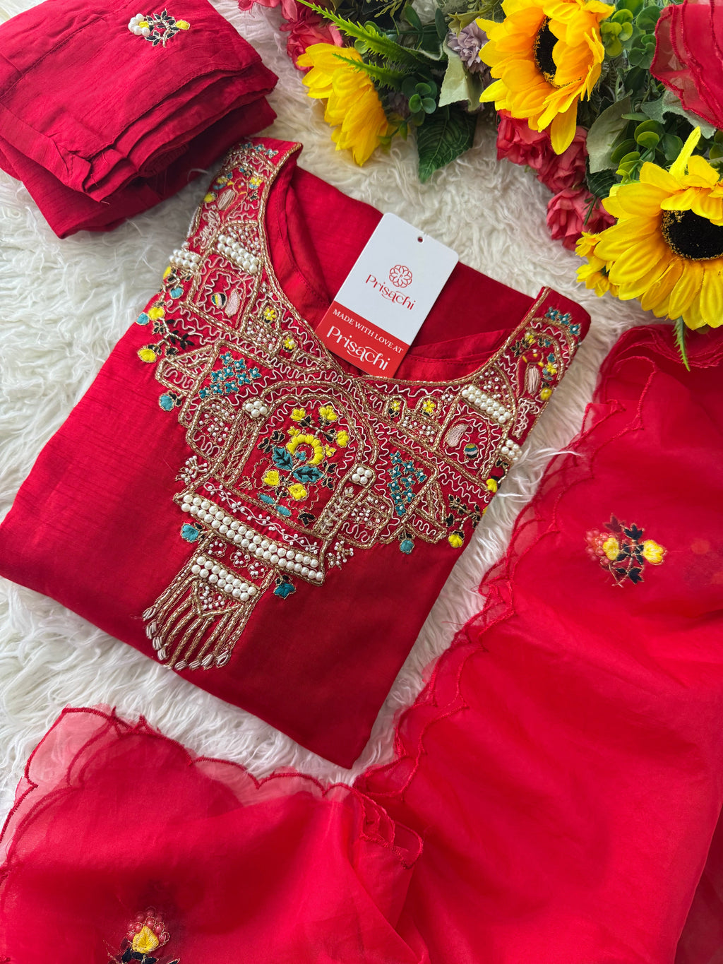 Red embroidered kurta set with dupatta