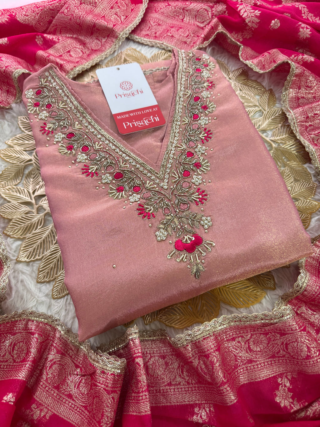 Pink embroidered kurta set with dupatta