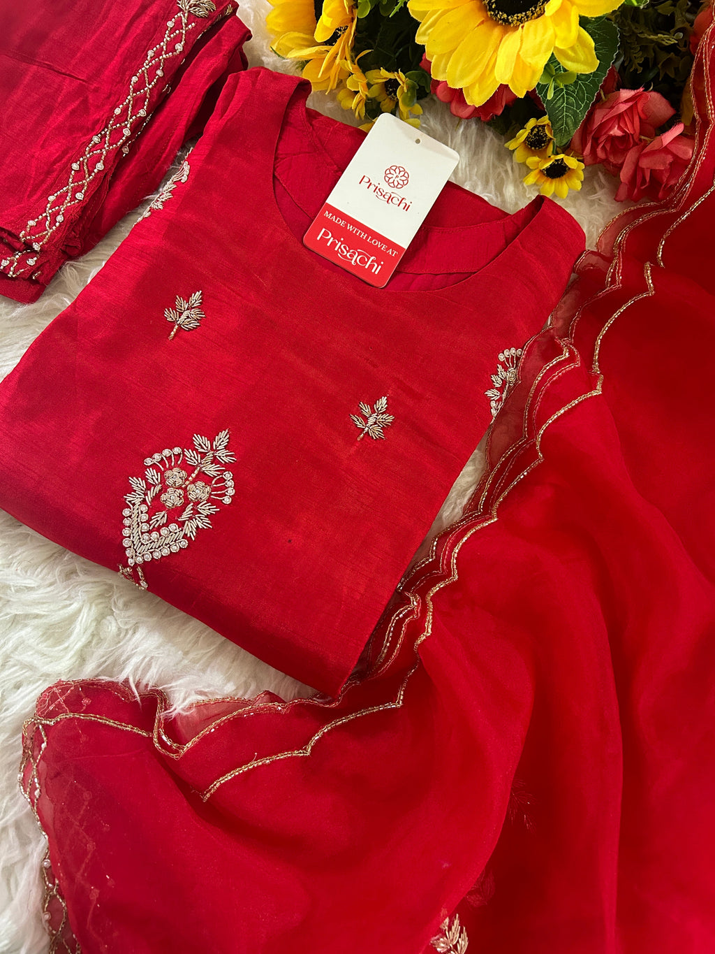 Red Designer Embroidered kurta set with dupatta