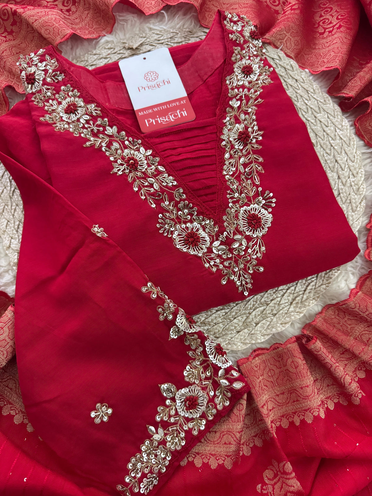 Red hand embroidered kurta pant with dupatta