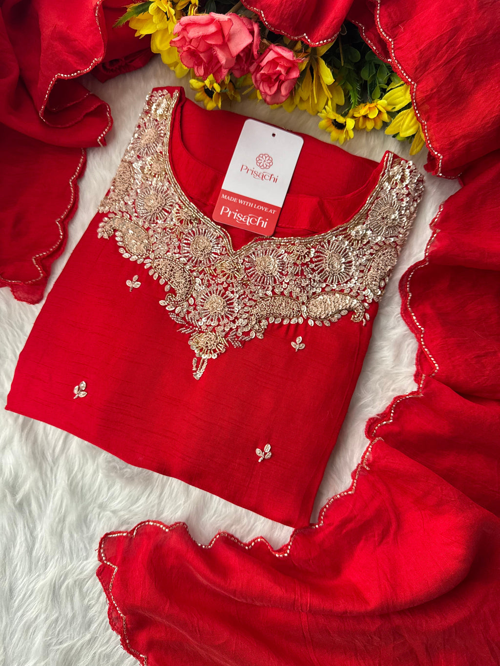 Red Embroidered kurta Pant with dupatta