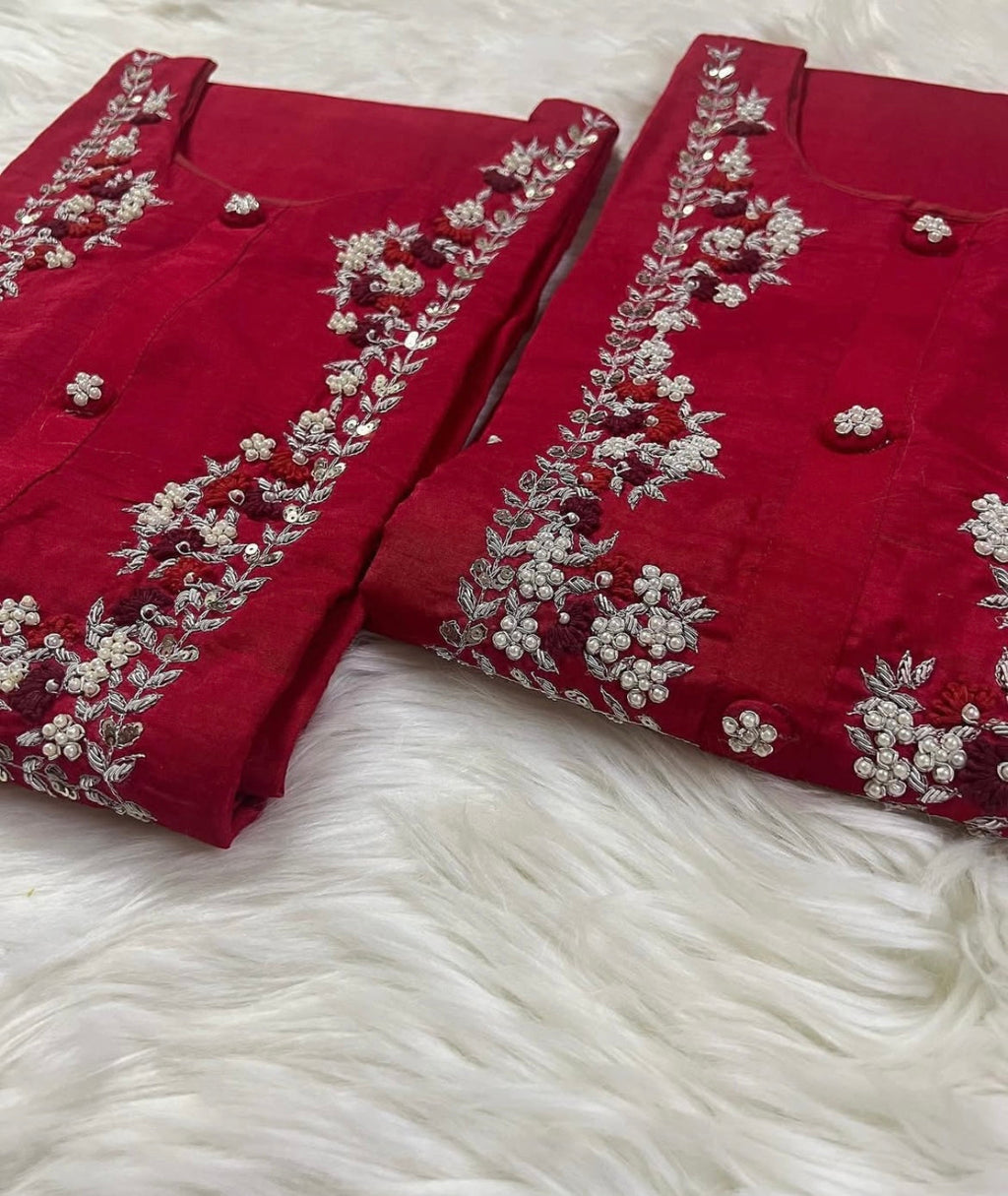 Red embroidered kurta Pant  with dupatta