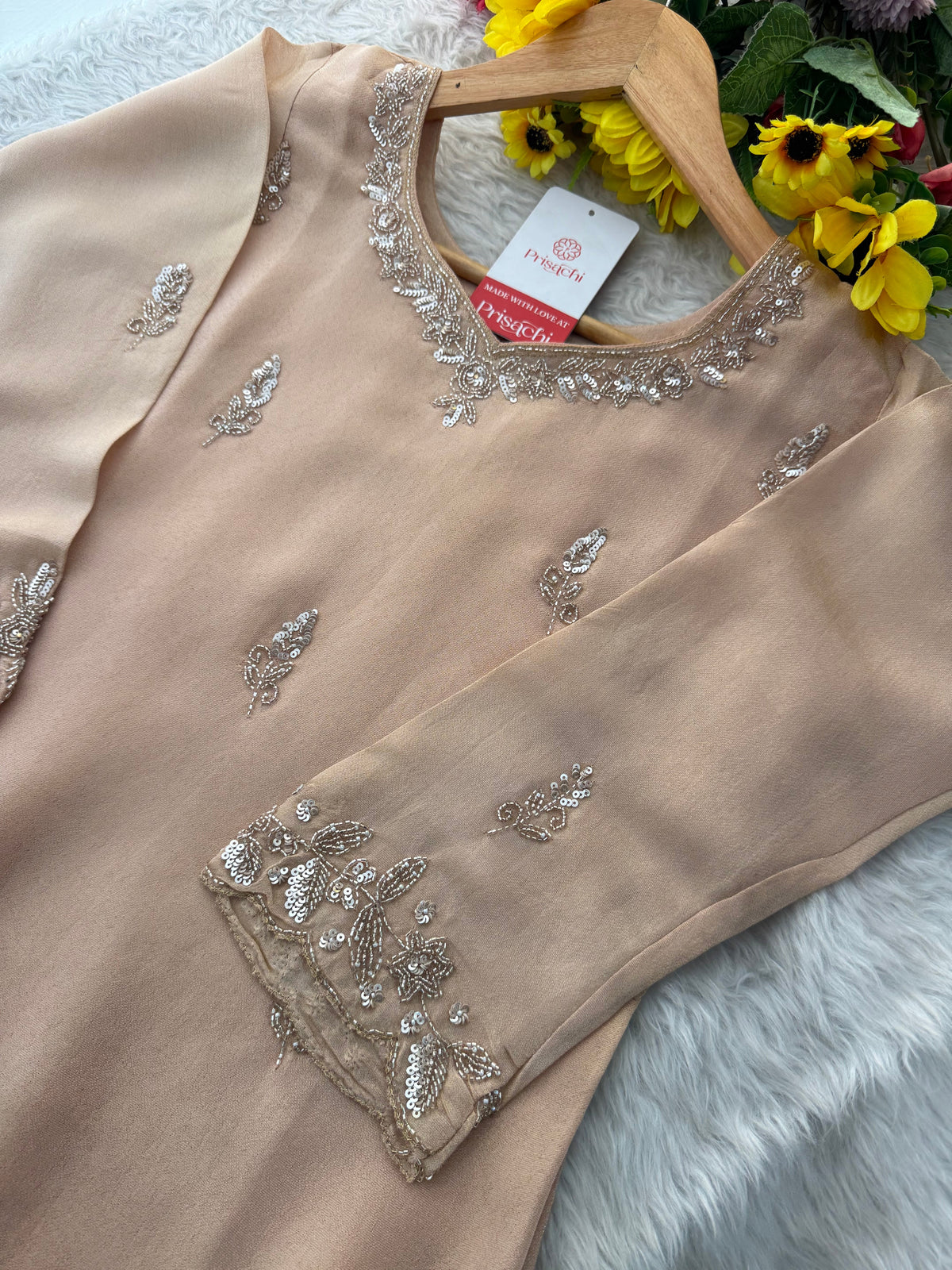 Beige Kurta Set for Women with Pants and Dupatta